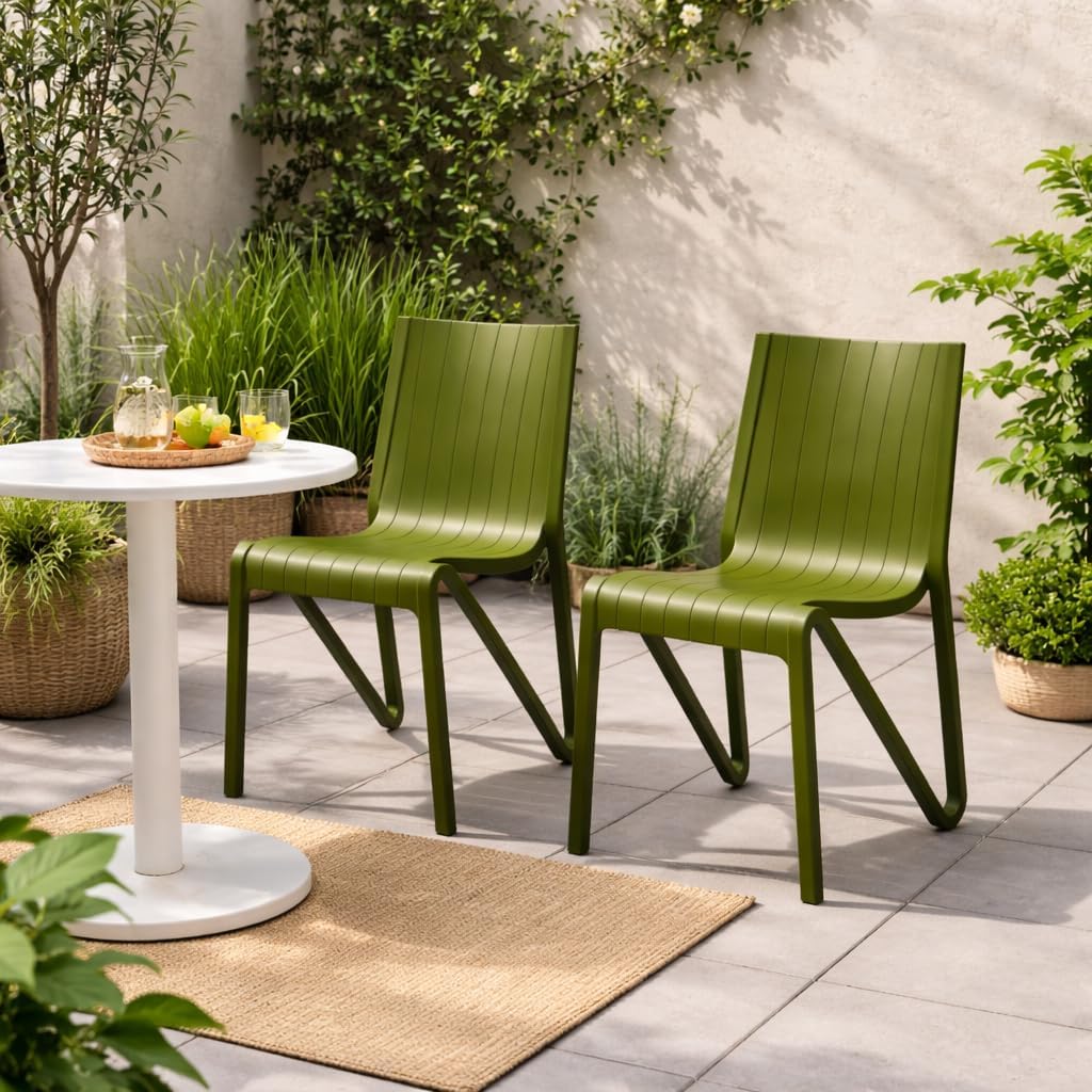Oaknest Supreme Zyleg Premium Armless Plastic Chair for Home, Garden & Office, Modern Ribbed Design with Unique V-Leg Support (Mehandi Green, Set of 2 Piece)