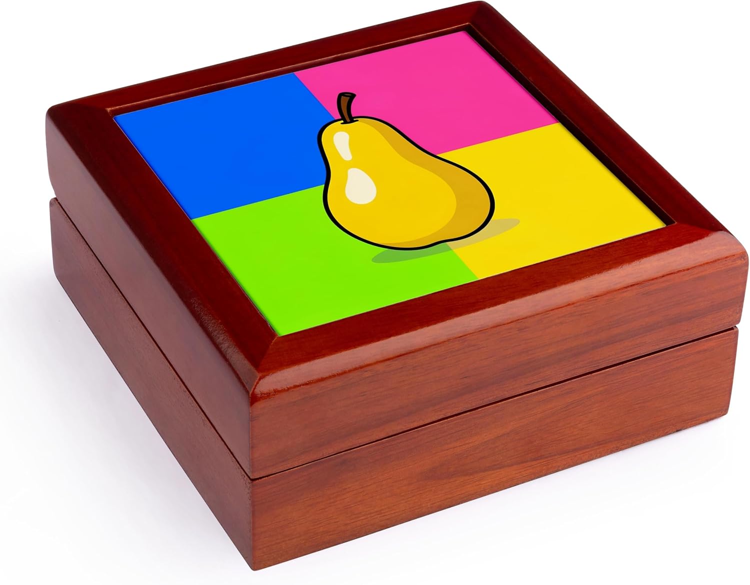 3dRose Yellow pear fruit against Colorful Jewelry Box 7 x 7 inch with 4 inch tile
