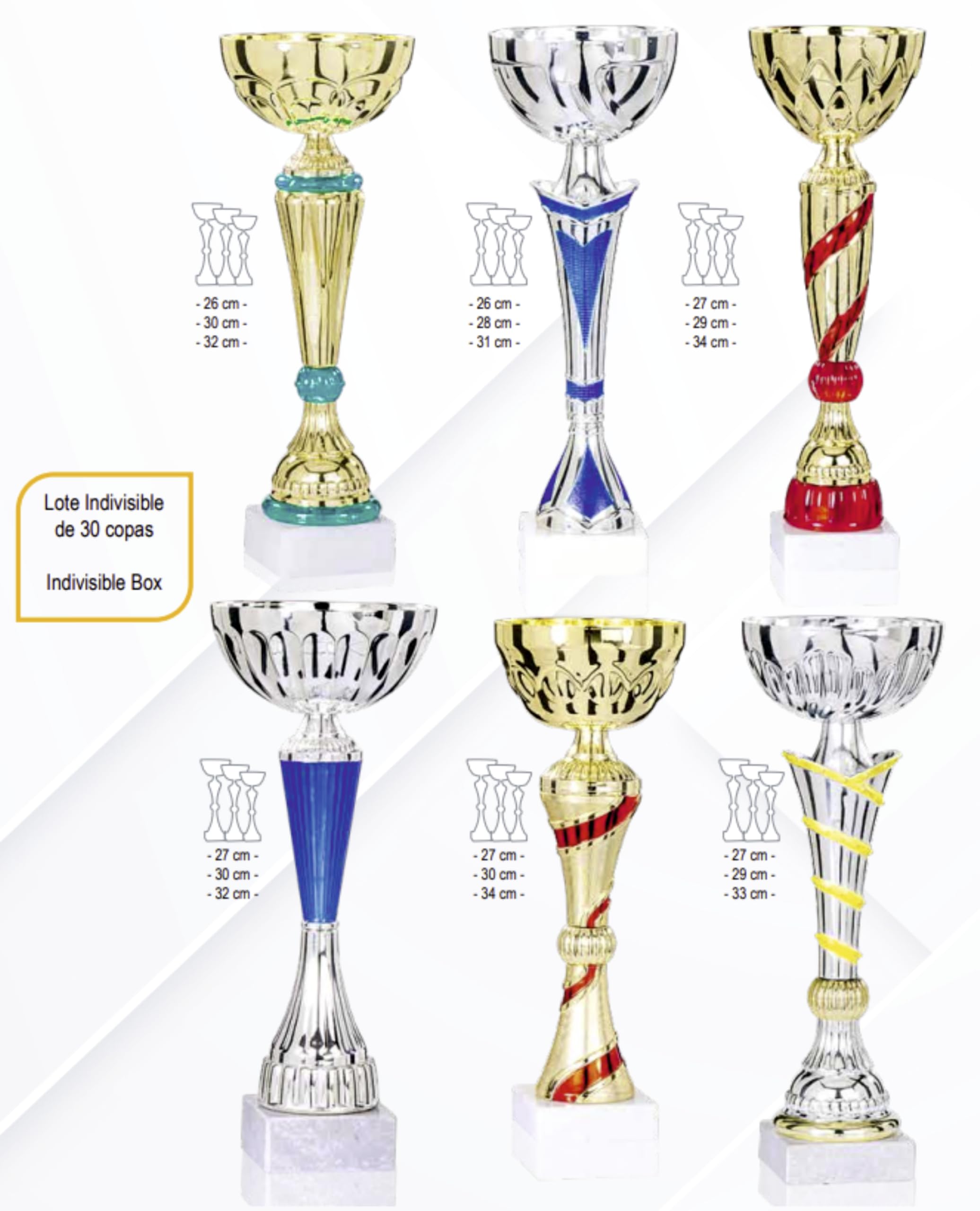 Lote de 30 Trofeos, Copas Deportivas, Premios metálicos con peana de mármol, 10 modelos en 3 alutras cada uno, todos Grabados