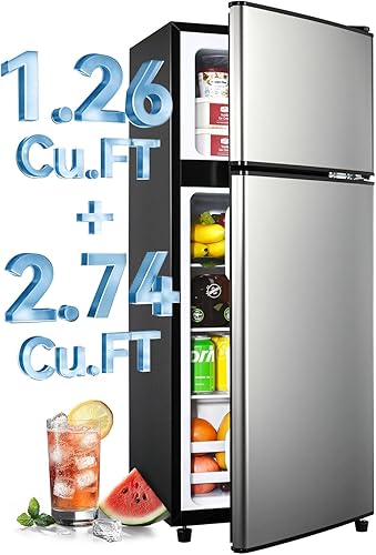 Refrigerador de 4.0 pies cúbicos con congelador, refrigerador de doble puerta con termostato de 6 niveles, luz LED, estantes de vidrio ajustables