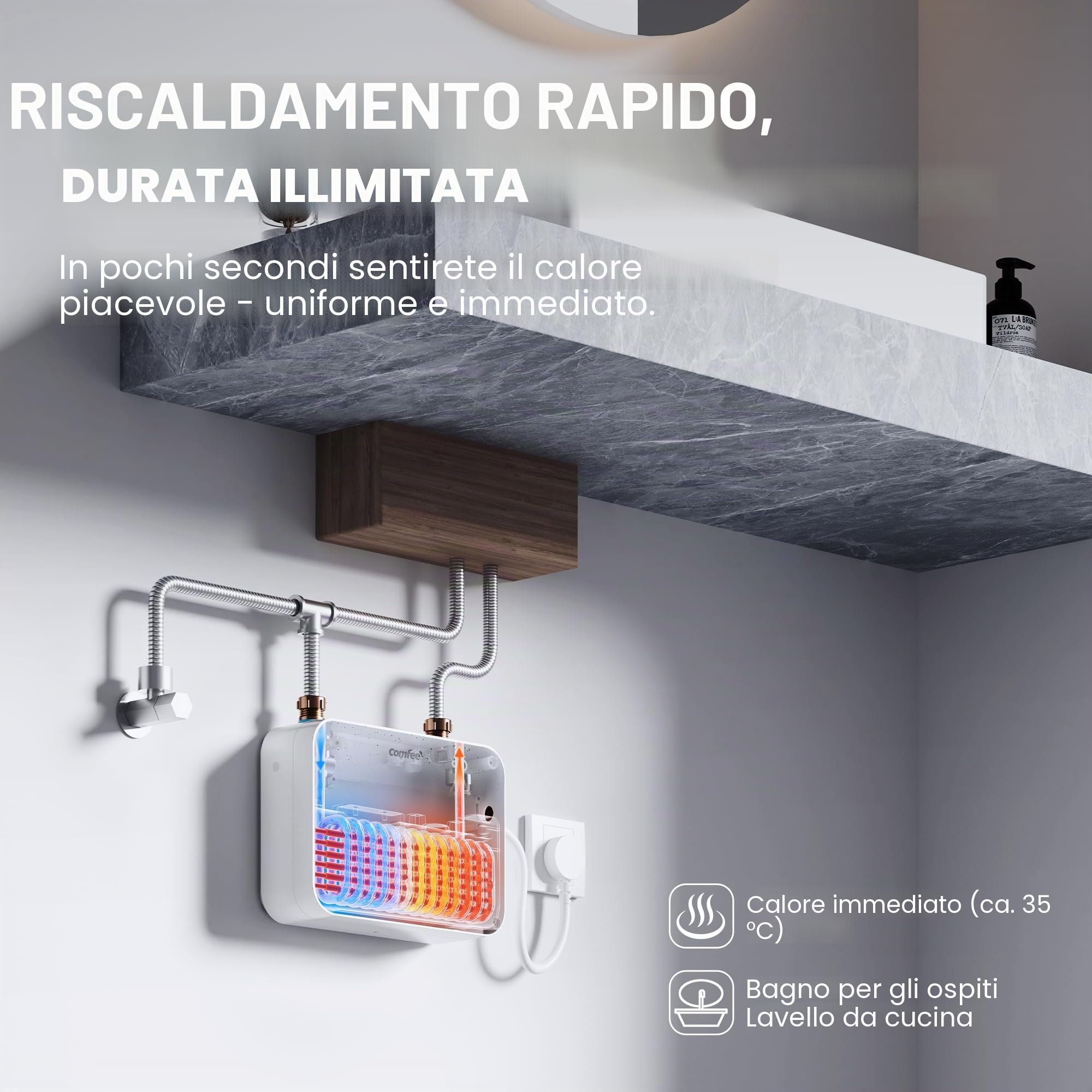 COMFEE 'CWH3.5EA1W Mini scaldabagno 3,6 kW per lavabi a mano, scaldabagno elettrico piccolo 230 V, controllata elettronicamente, resistente alla pressione, riscaldamento istantaneo, salvaspazio