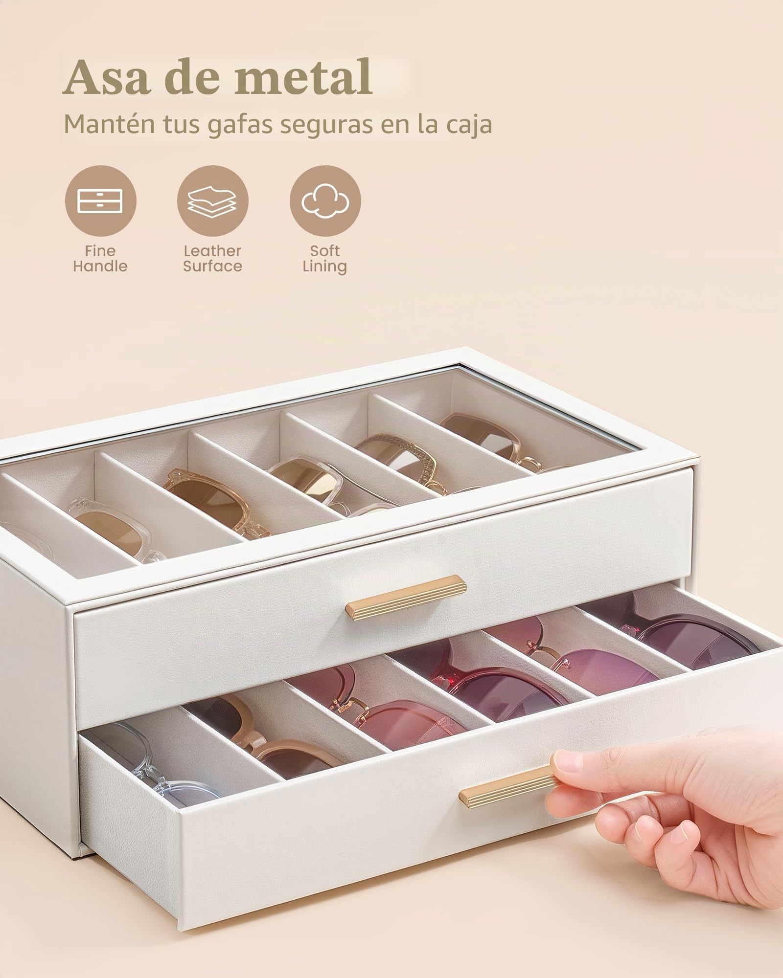 Lolalet 6 Relojes Estuche para gafas de sol para mujer, organizador de gafas con tapa transparente y expositor -Beige
