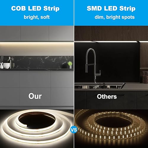 Miniatura 7 de GIDEALED Tira de luz LED COB de 20 pies, color blanco cálido, 3000 K, 2880 LED, tira flexible de 24 V COB LED regulable para iluminación ambiental