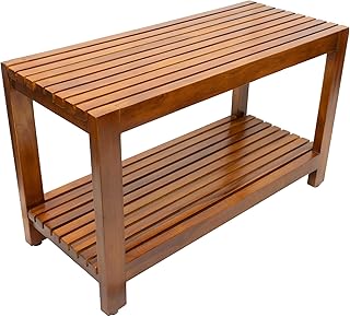 Teak Shower Bench - with Shelf, 30 Inch, Wooden Seat Stool for Excellent for Bedroom, Bathroom, Spa, Garden, Living Room, Kitchen, Fully Assembled, The Maya 30