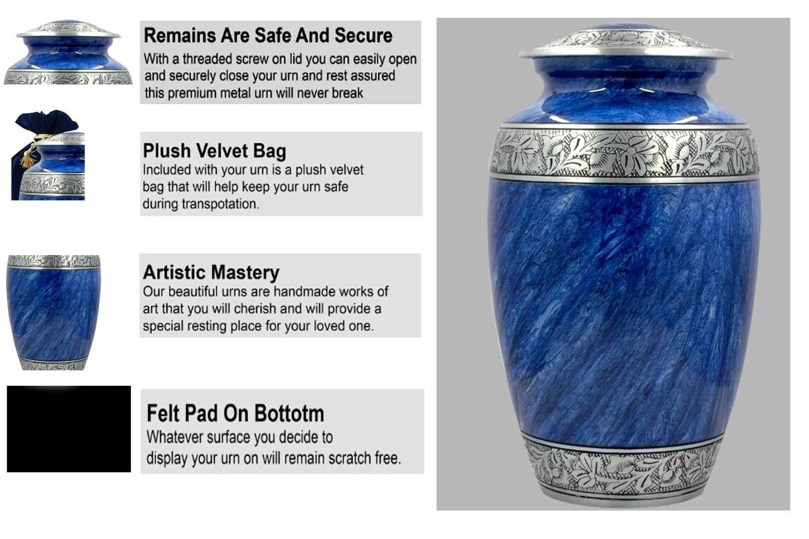 BOLD & DIVINE Blue Floral Cremation Urn for Adult Ashes - Mom & Dad - Large Memorial Urn, Blue Large Urn - Image 4