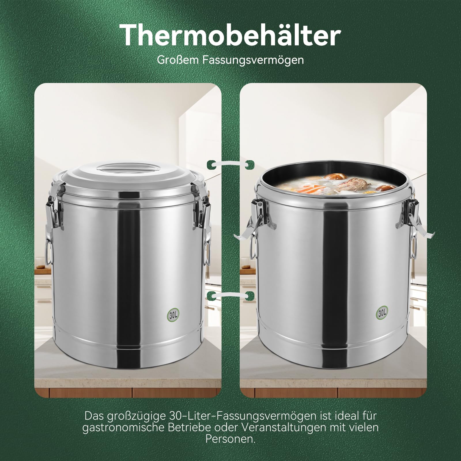 Recipiente térmico, Cubo Aislado de Acero Inoxidable de 30 litros, Recipiente para Sopa con Tapa y Asas, Transporte de Sopa Aislado para comedores Escolares, hoteles, restaurantes