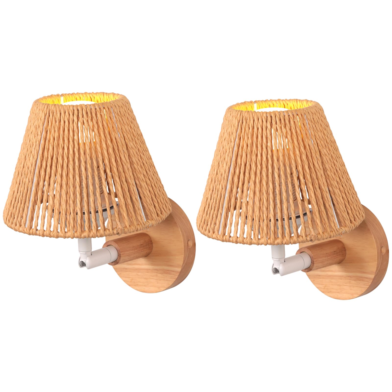 TOKIUS 2 Piezas Lámparas de Pared Interior Retro E27 Aplique de Pared Vintage de Madera Pantalla de Ratán Creativo Iluminación Ajustable Lámpara de Techo para Salón Dormitorio Comedor Pasillo (15cm)
