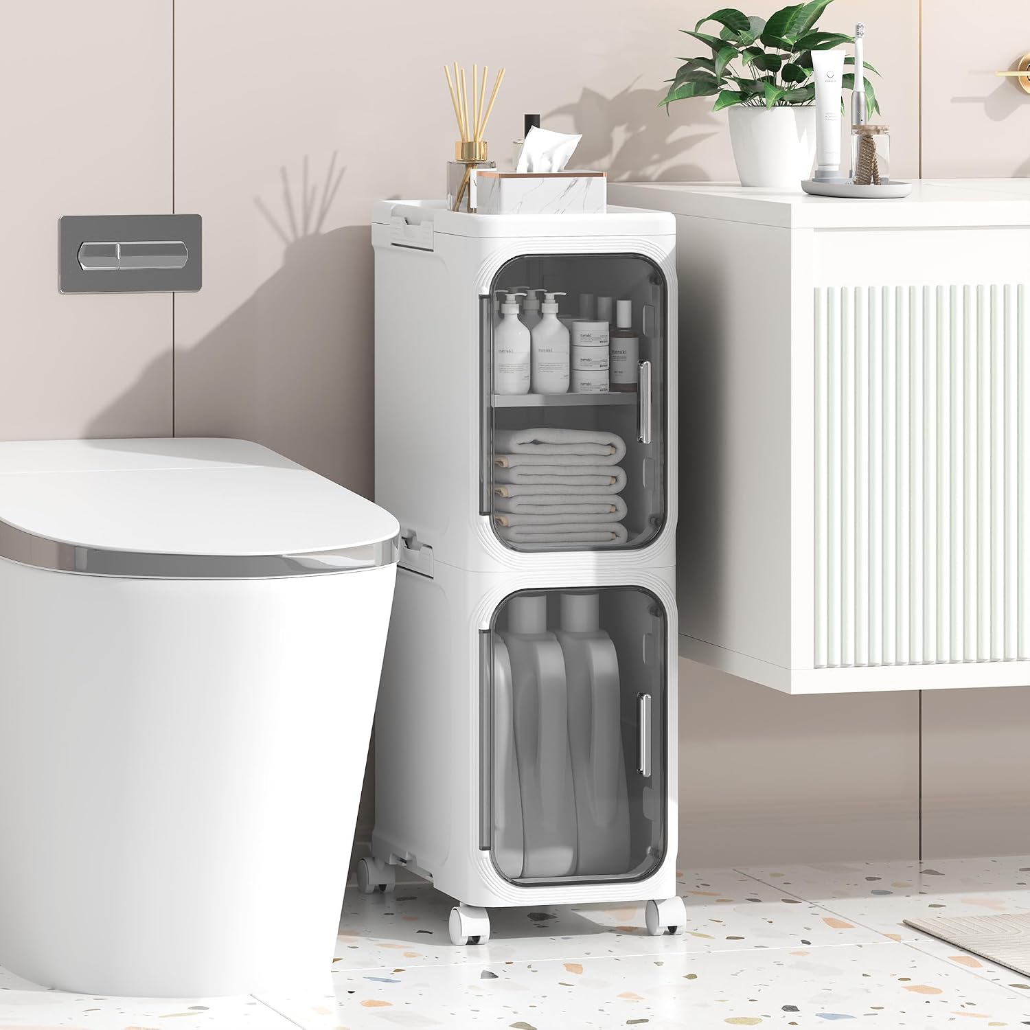 Bathroom Cabinet, 20 cm Narrow Plastic Bathroom Cabinet with Door, Waterproof Small Trolley with Wheels, Shelf for Bathroom, Living Room, Kitchen (20 W x 67 H x 34D)
