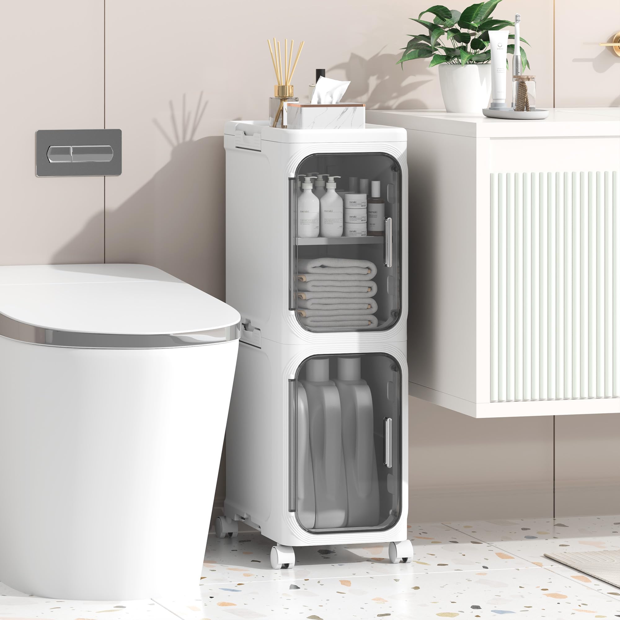 Armoire de Salle de Bain Mince, unité de Rangement Autonome en Plastique avec Porte, Petit Chariot étanche avec roulettes pour Bureau, Salon, Cuisine, entrée (21CM*34CM*67CM, Blanc)