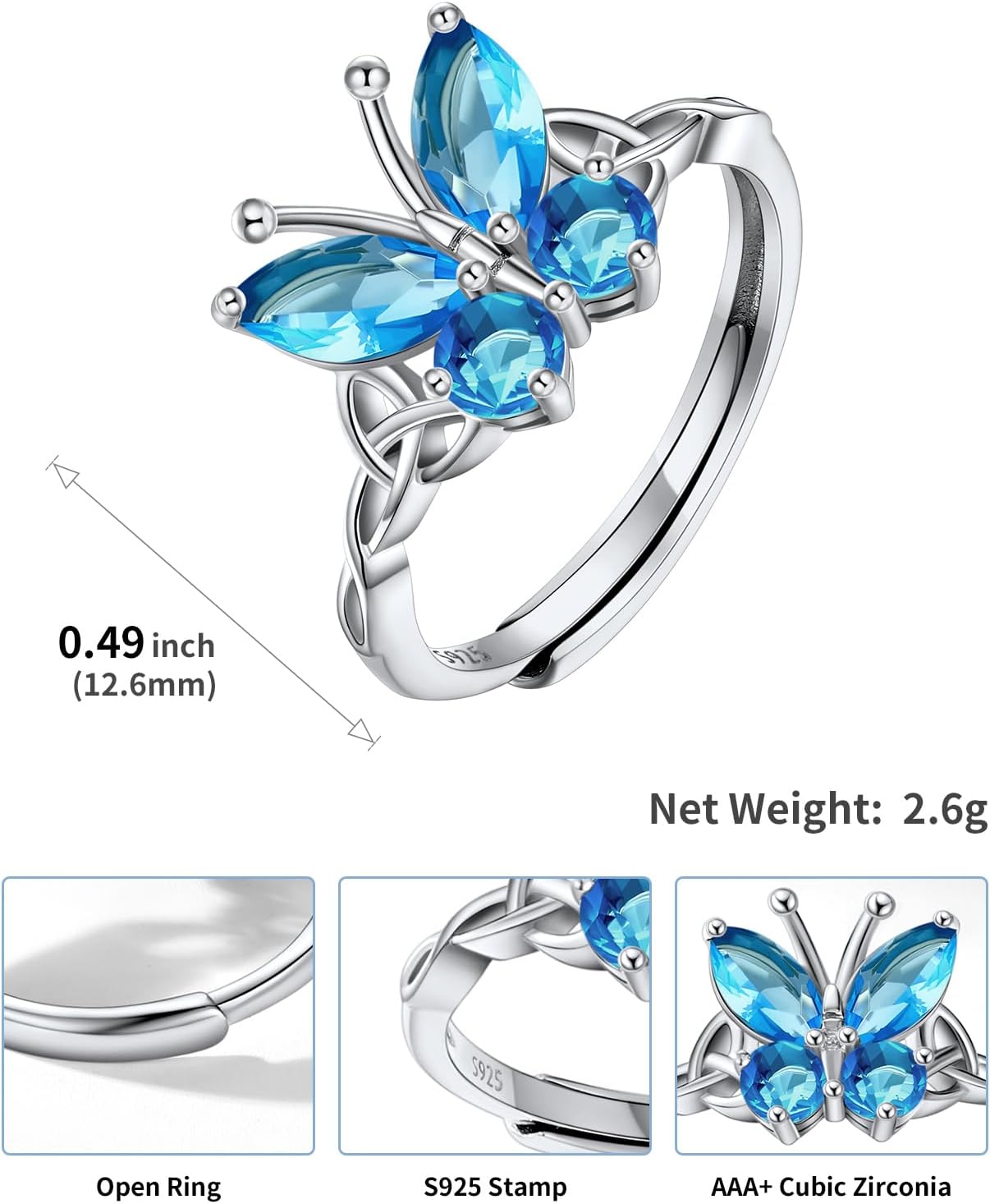 925 Sterling Silver Butterfly Ring,Adjustable Silver Birthstone Rings for Women,Dainty Butterfly Stackable Rings Gifts for Her