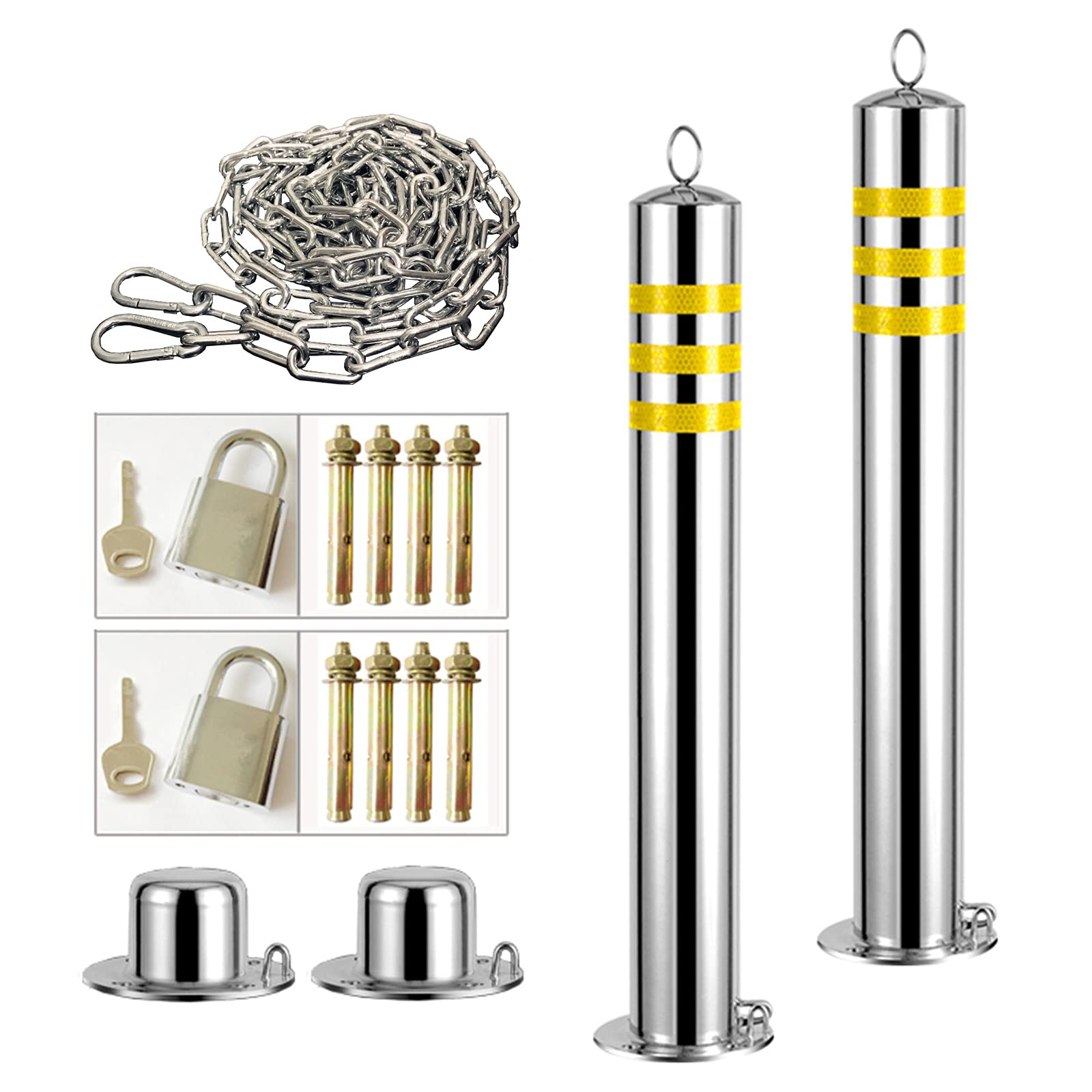 Paquete de 2 bolardos de estacionamiento con cadena de advertencia de 5 m, bolardo desmontable de acero inoxidable para seguridad de carril (tamaño: 76 x 800 mm y 76 x 650 mm)