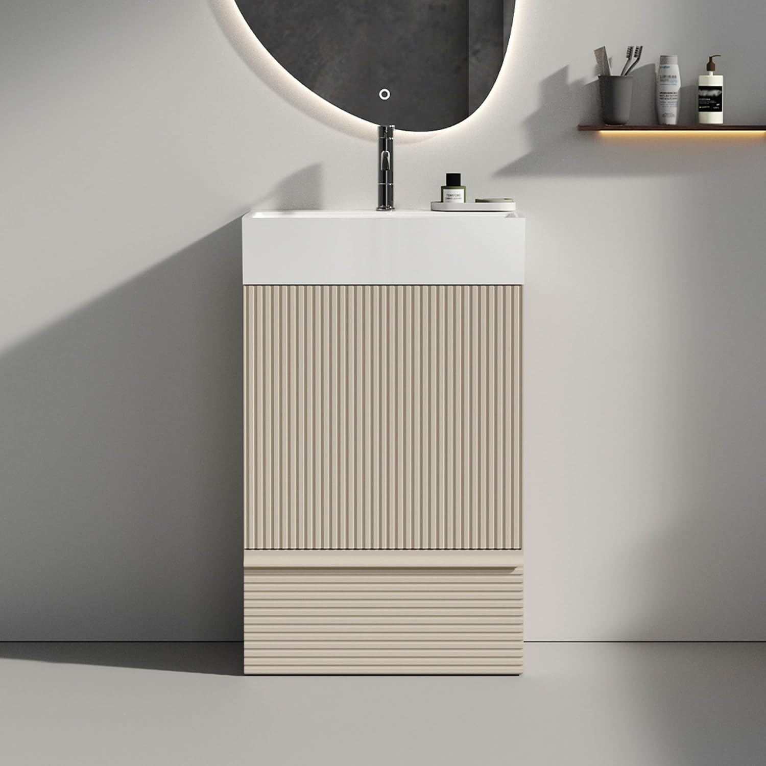 Fashionable Striped​ 20 inch Bathroom Vanity with White Ceramic Sink, Freestanding Modern Storage Cabinet with Soft-Closing Door 1 Drawer, for Small Bathroom, Powder Room, Hotel Gray