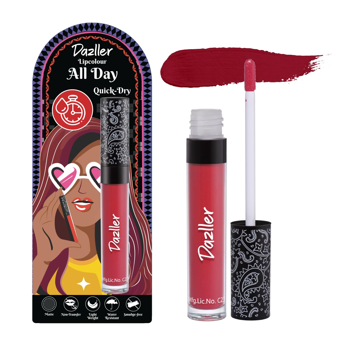 Dazller All Day Lipcolour Quick Dry|Moisturizing Kokum Butter|Non-Transfer & Smudge-proof|8hr stay|Liquid Lipstick for Women|QDLC017 Rosey|6g