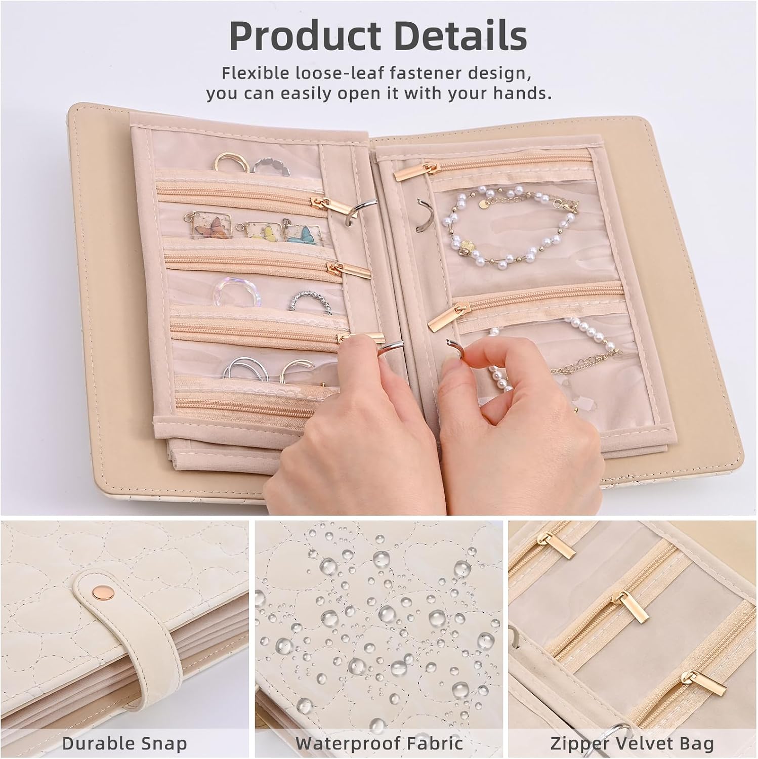 Travel Jewelry Organizer Case, Earring Necklace Holder, Jewelry Organizers and Storage Book Case Box with Clear Zipper Pouch for Travel Essentials, Rings, Bracelets, Brooches (White) image 3