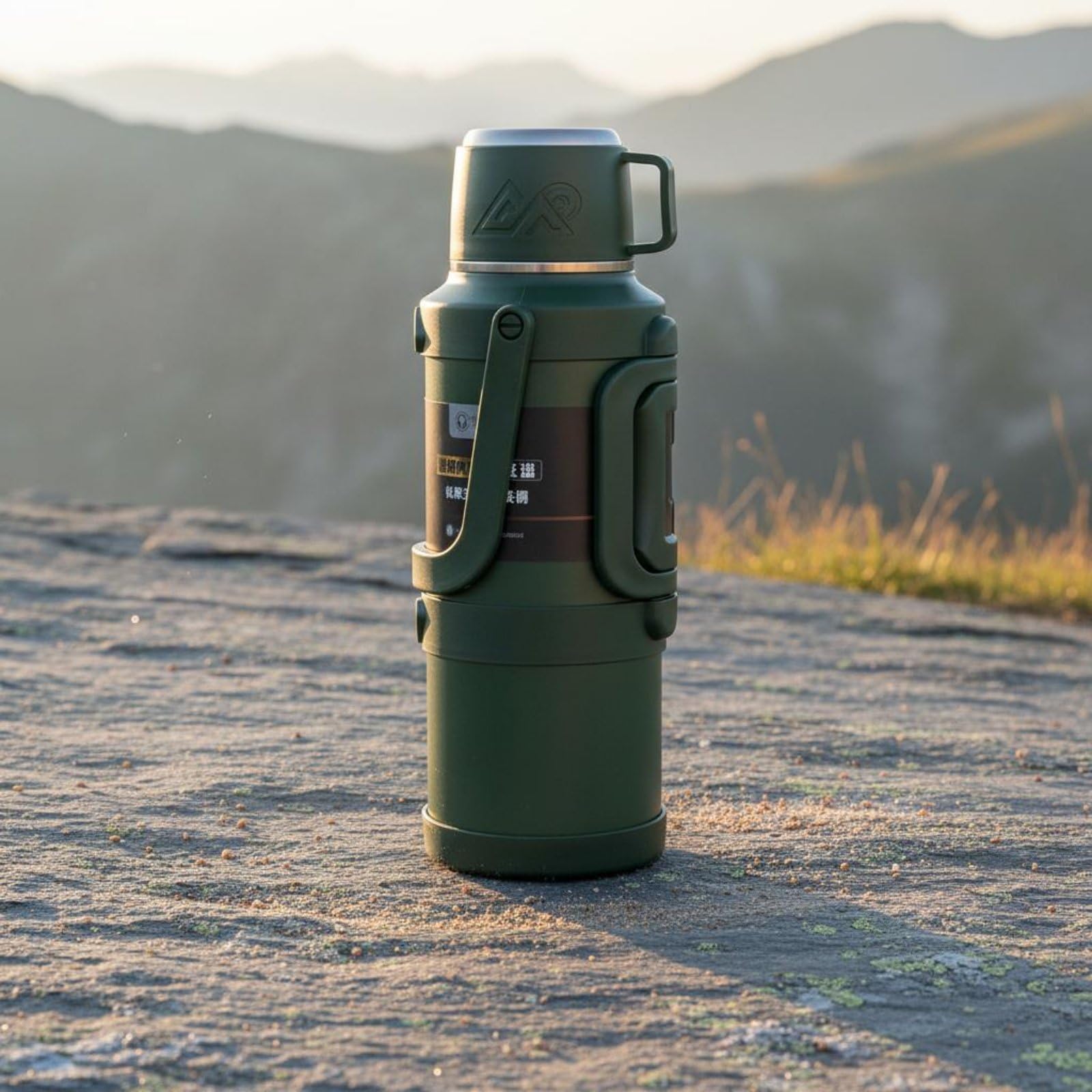 Borraccia Termica in Acciaio Inossidabile 316 con Conservazione Oltre Un Giorno Manico Robusto E Coperchio Tazza Adatta a Escursioni Campeggio Viaggio Lavoro, Verde Militare, 3200ml