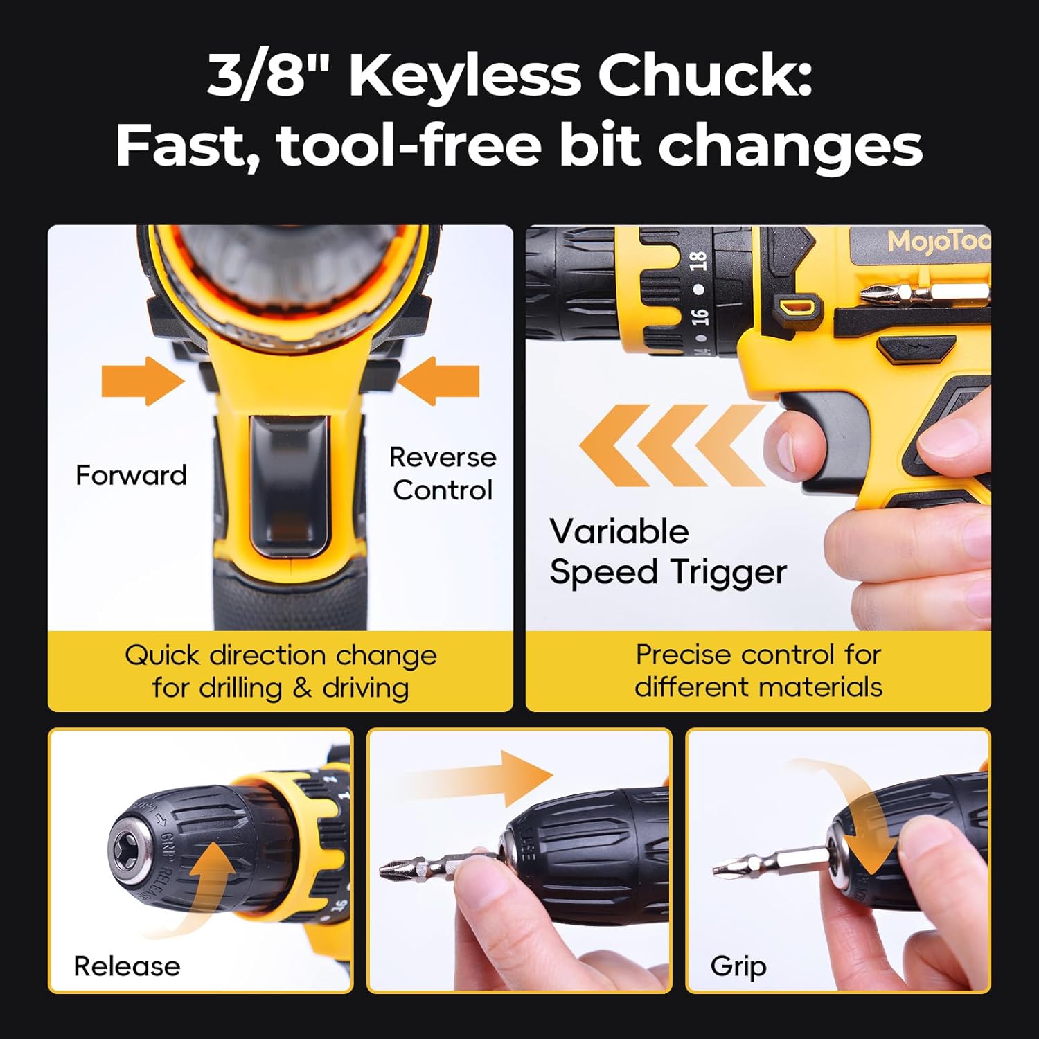 20V Cordless Drill Set – 1×2.0Ah Battery, 3/8” Keyless Chuck, Variable Speed, 49-Piece Kit with Wood, Masonry, Metal Drill Bits & Screwdriver Bits, Charger & BMC Case