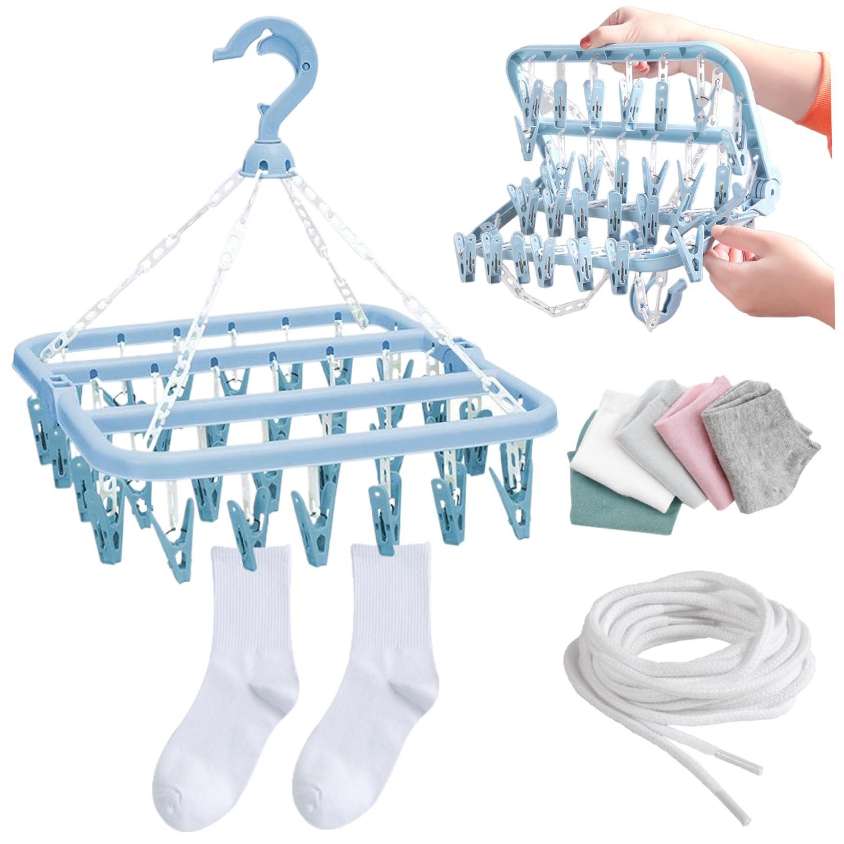 Bonalake Clothes Drying Hanger Foldable Clothes Drying Rack with 32 Clips Windproof Laundry Hanger Dryer Rack Multifunctional Hangers for Sock, Underwear, Baby Laundry Dryer