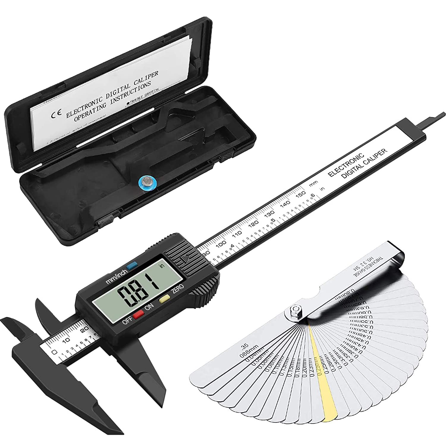 eSynic 150mm Digital Vernier Caliper Electronic Digital Caliper 6 Inch PVC Plastic Vernier Caliper Supports Inch Metric Conversion With Feeler Gauge and Large LCD Screen for Designers Engineers etc