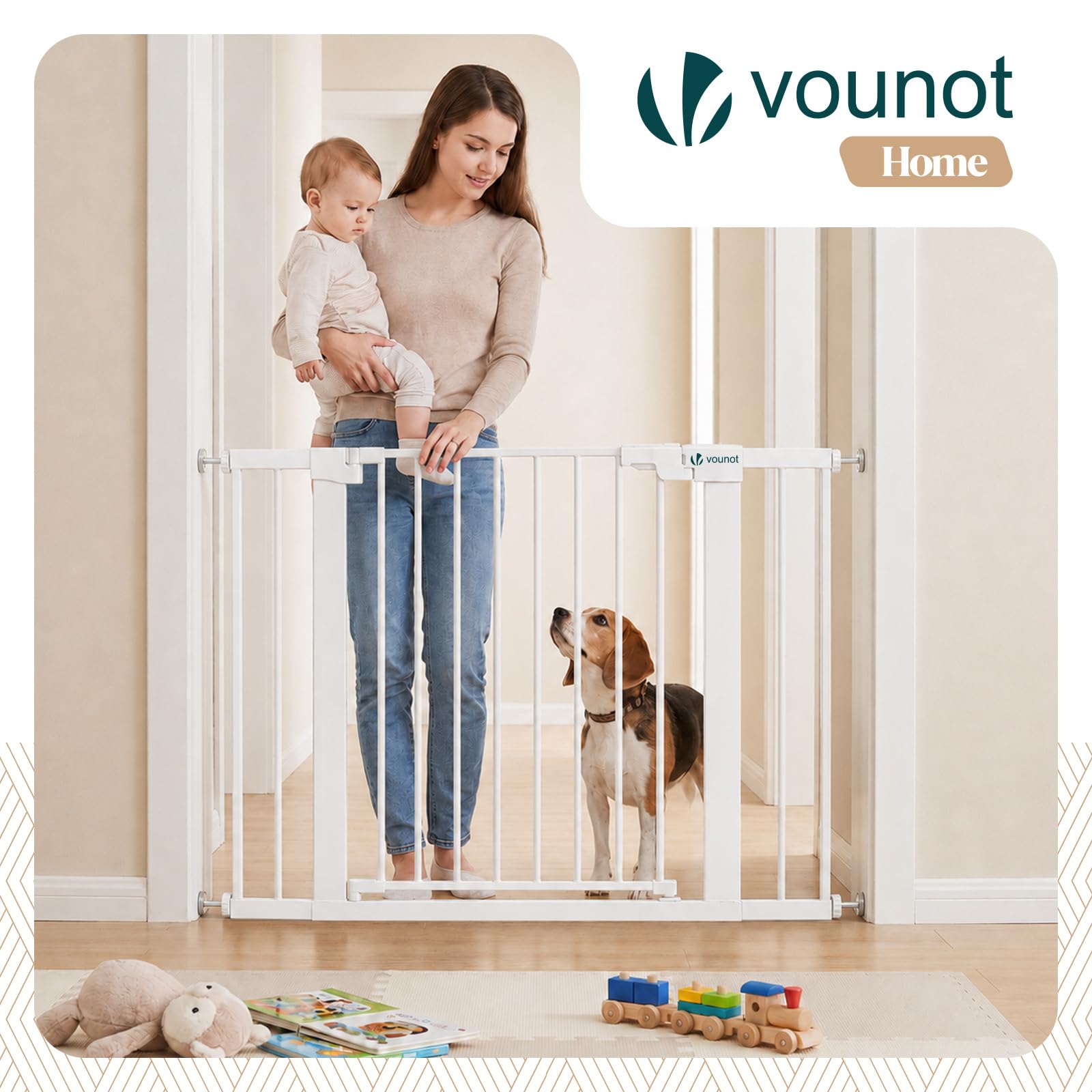 VOUNOT® Cancelletto di Sicurezza per Bambini in Metallo 103-110 cm, Barriera per Scale a Pressione Senza Foratura Altezza 76 cm, Chiusura Automatica con Doppio Blocco, Apertura Bidirezionale, Bianco