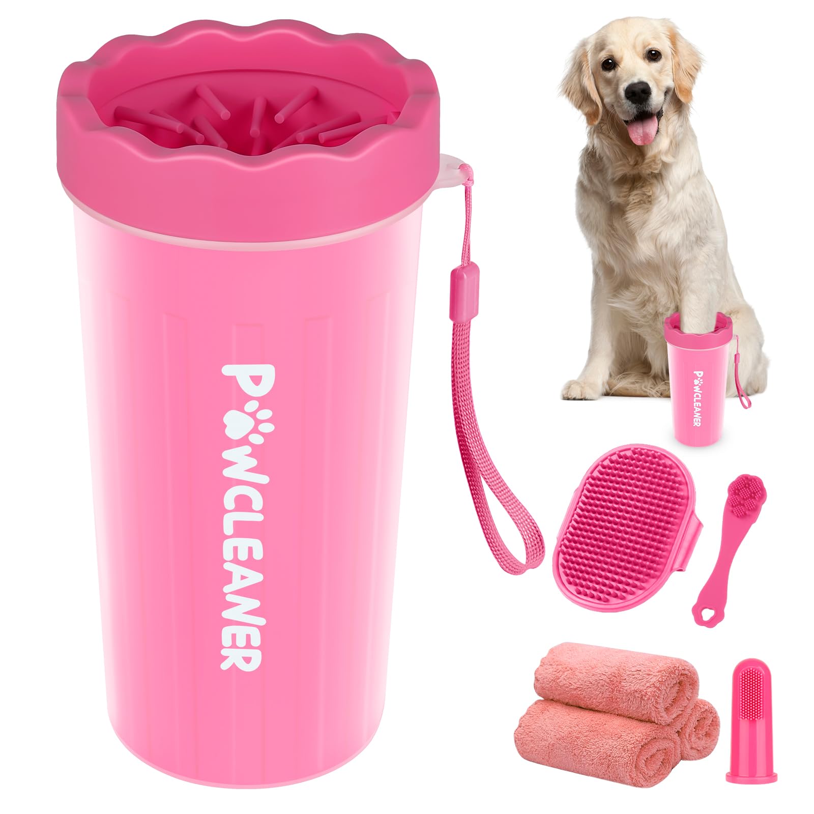 Professional 7 in 1 Dog Paw Cleaner for Dogs & Cats - Includes 1 Portable Paw Washer, 1 Bath Brush, 2 Dog Toothbrushes and 3 Absorbent Towels Note: Fits Paws 2.5 to 3.5 Inches Wide (Large, Pink)