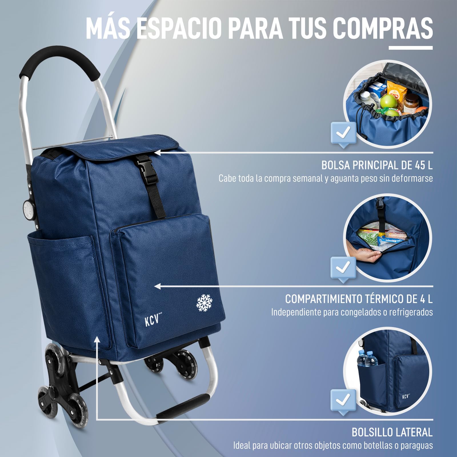 Carro de la Compra Plegable 6 Ruedas Silenciosas para Escaleras, Bolsa 45 L Impermeable + 4 L Térmico, Aluminio Ligero,Carga 35 kg, Azul
