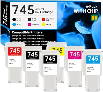 745 Ink Cartridge 300ml with New Chip Replacement for HP 745 Ink Cartridge 745XL F9K06A F9K05A F9K04A F9K03A F9K02A F9K01A for DesignJet Z2600 Z5600 Postscript Printer, 6-Pack DesignJet 745 Ink Refill