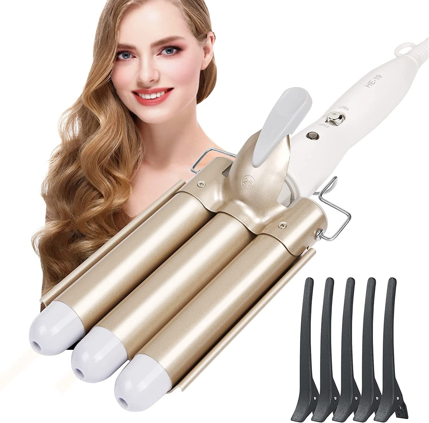 Flintronic 25mm Rizador de Pelo, Rizador de 3 Tubos Rápido, Iron Wave Curler Multifunción Temperatura Ajustable 180℃/210℃ para Rizar y Ondas un Efecto Ondulado, Turmalina y Cerámica