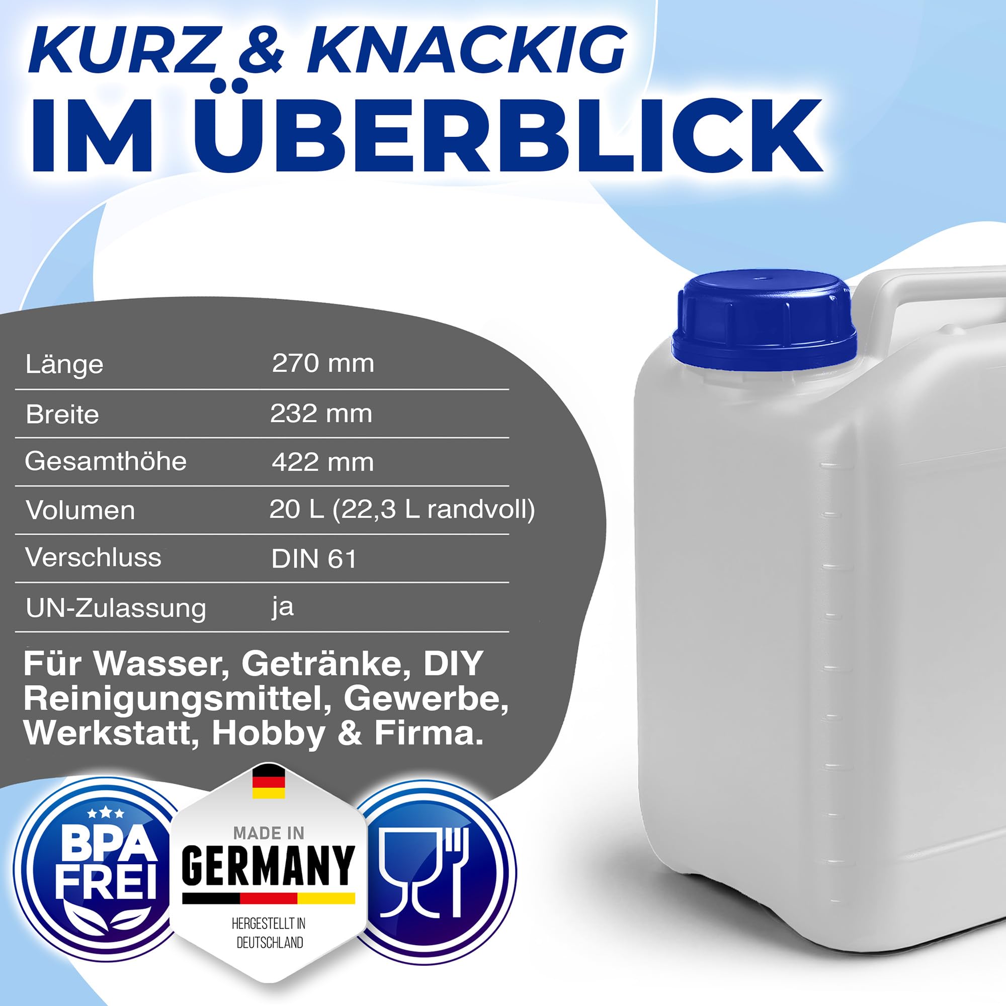 20L Wasserkanister, BPA frei lebensmittelecht, Kanister Made in Germany | Kosmetex Wasser Kanister 20 Liter für Camping, Garten, Gewerbe & Haushalt, Robust, Geschmacksneutral für Wasser & Getränke