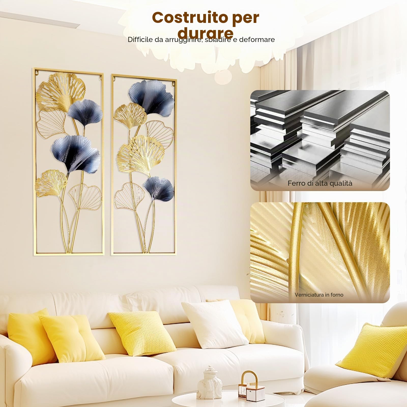 HazLope Set da 2 decorazioni da parete in metallo con foglie di ginkgo, quadro da parete con foglie di ginkgo, scultura da parete, ornamento da parete, appendiparete con cornice lunga e foglia di