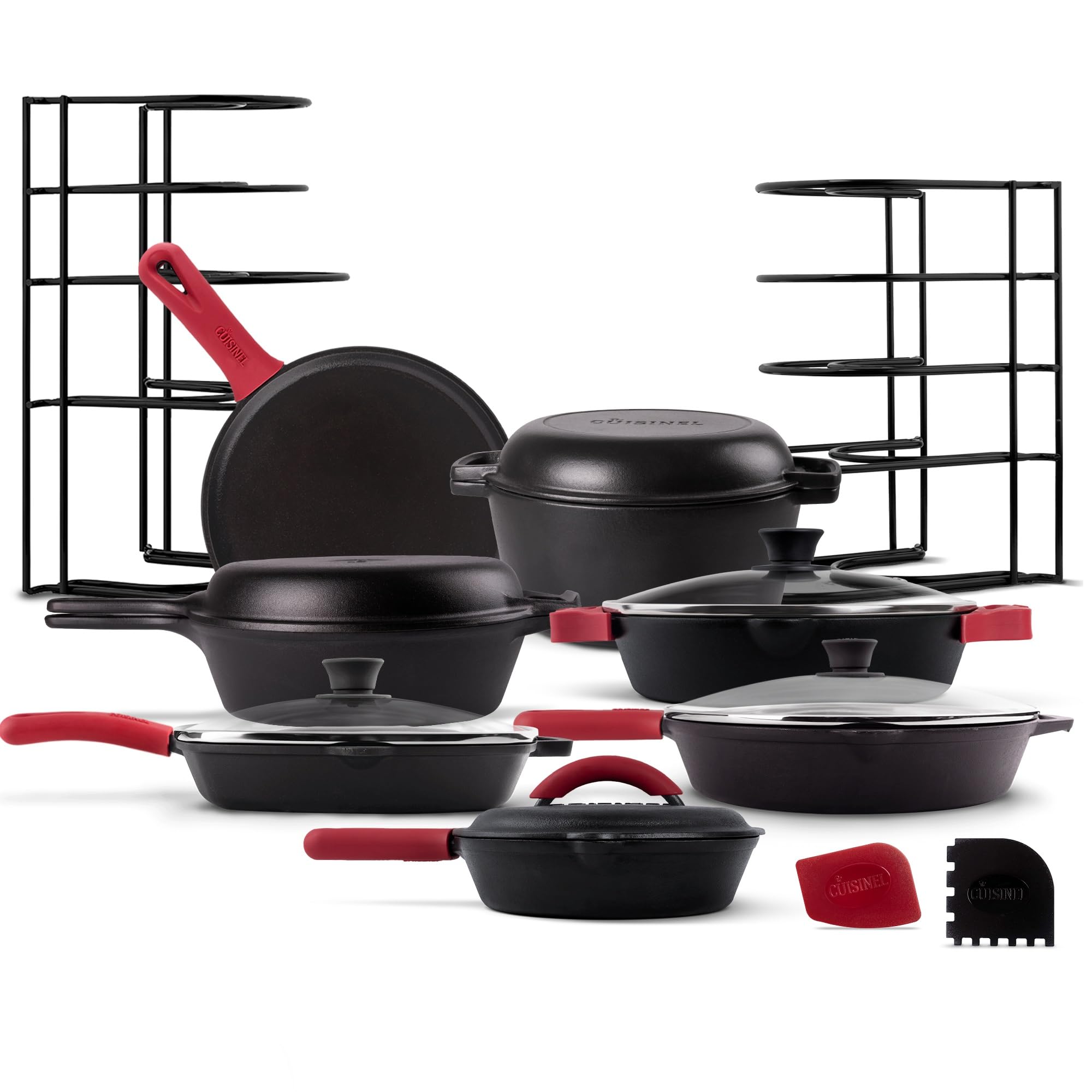 Cuisinel Cast Iron 23-Pc Cookware Set - 8" Skillet + Cast Iron Lid + 12"+Lid + 10" Braiser with Lid + Grill Pan + Lid + Griddle + 5-Qt Dutch Oven + Multi-Cooker + 12"+15" Pan Rack + Scraper + Handles