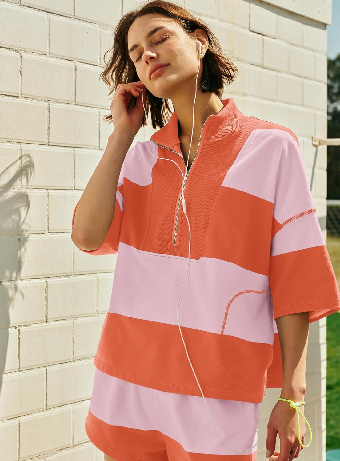 Yanekop Womens 2 Piece Outfits Summer Striped Lounge Set Two Piece Matching Workout Sets Oversized Short Sets Tracksuits - Image 5