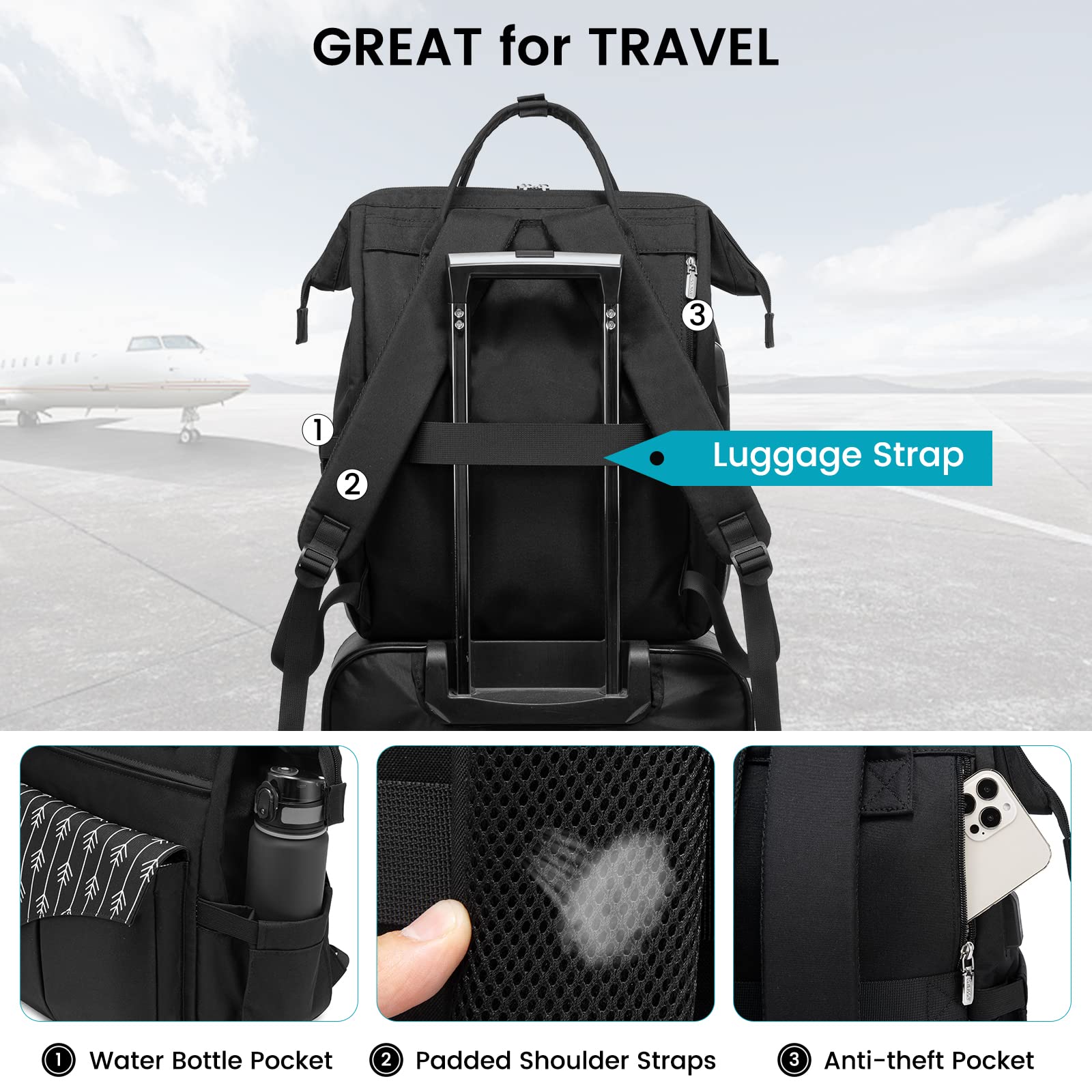 LOVEVOOK Zaino Porta PC Donna, Zaino per PC Portatile 17 Pollici, Zaino Laptop Donna Con Custodia per Cavi, Zaino Donna Set da 2 pezzi, Nero