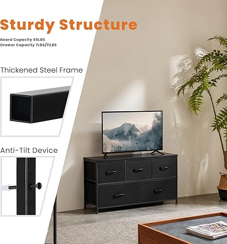 Miniatura 7 de Cómoda para dormitorio, organizador de cajones anchos, cajones de almacenamiento de tela con 5 cajones, cómoda pequeña, soporte de TV para