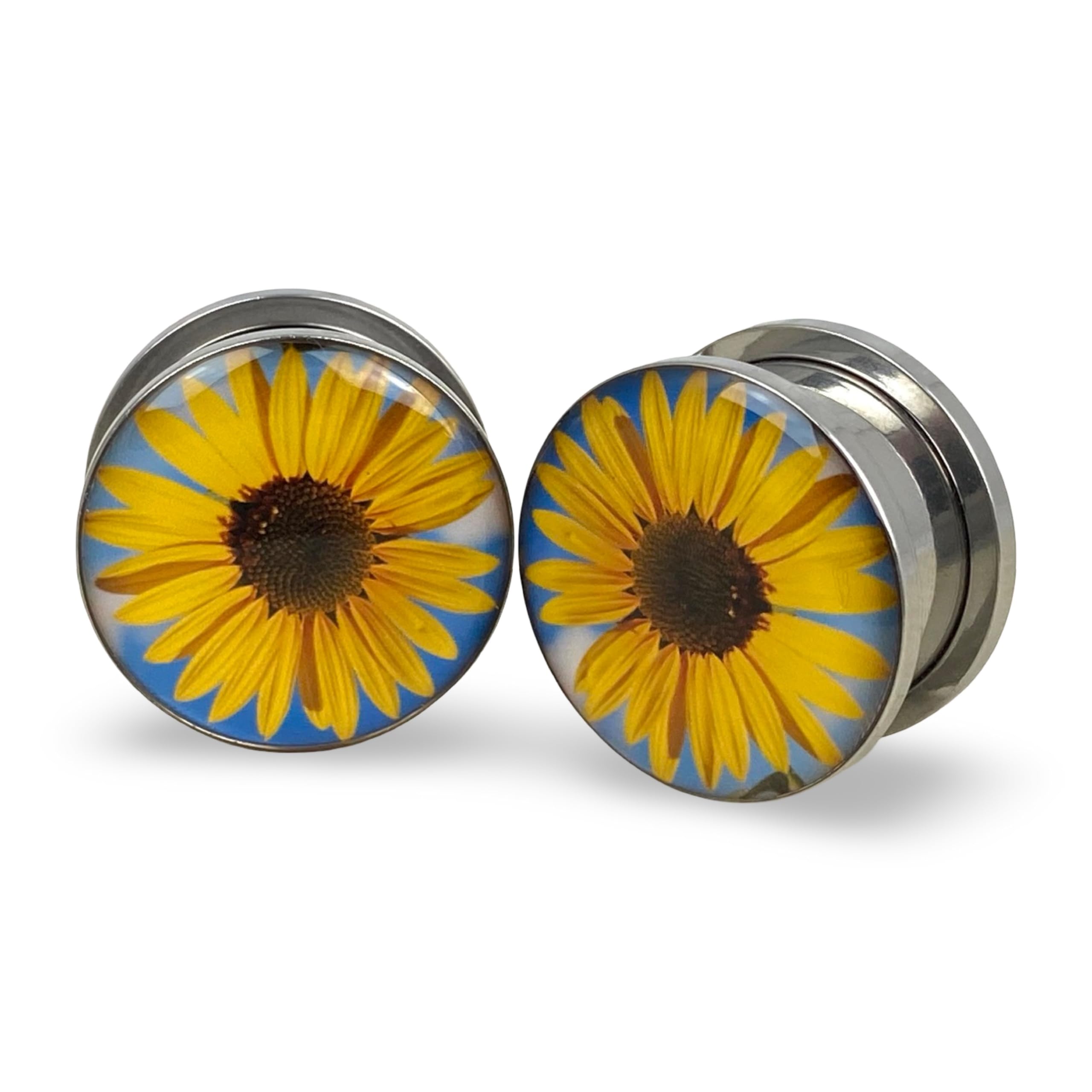 Mystic Metals Body Jewelry Screw on Plugs - Sunflower Picture Plugs - Sold As a Pair