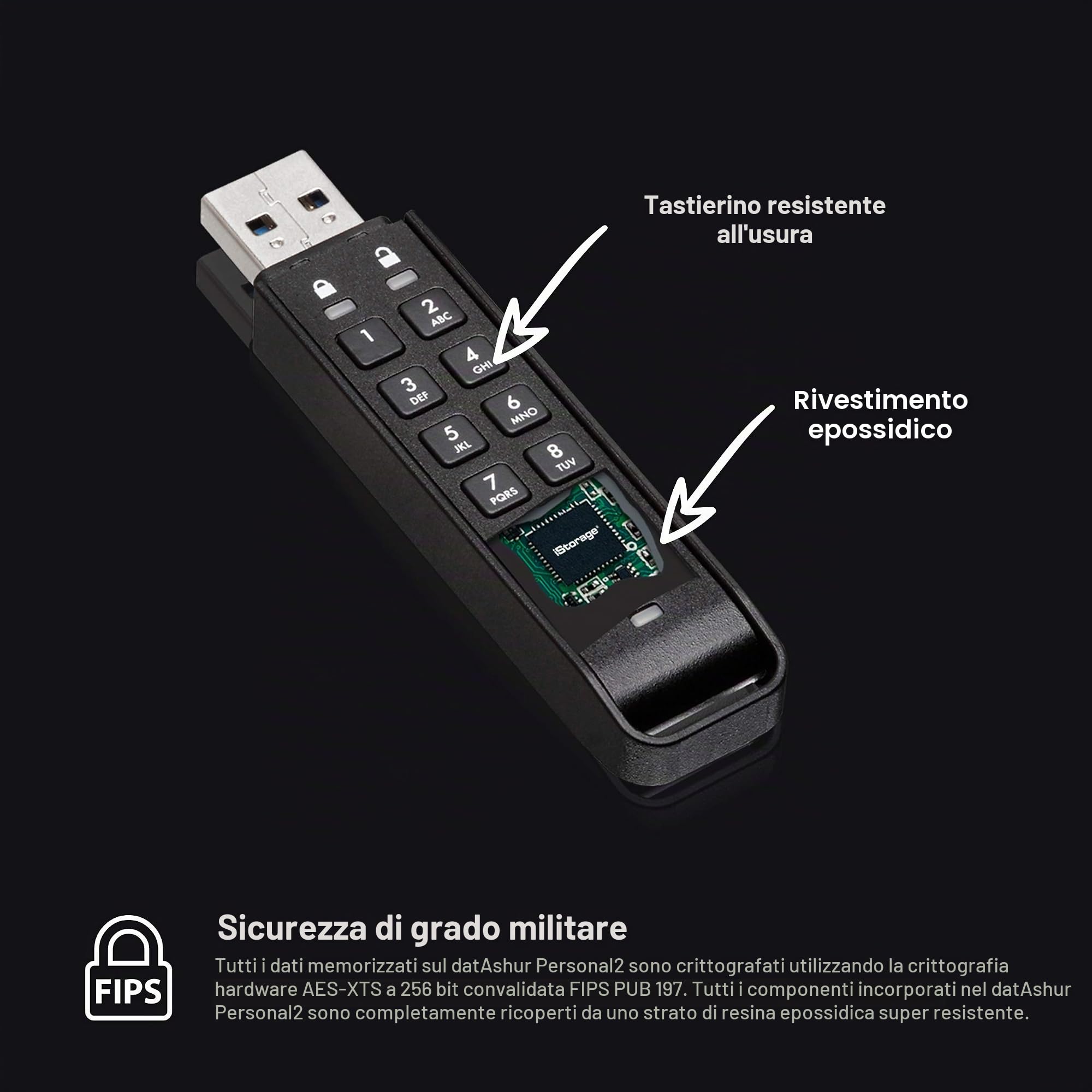 iStorage datAshur Personal2 8 GB - Unità USB sicura - Protetta da password - Portatile - Crittografia hardware di livello militare