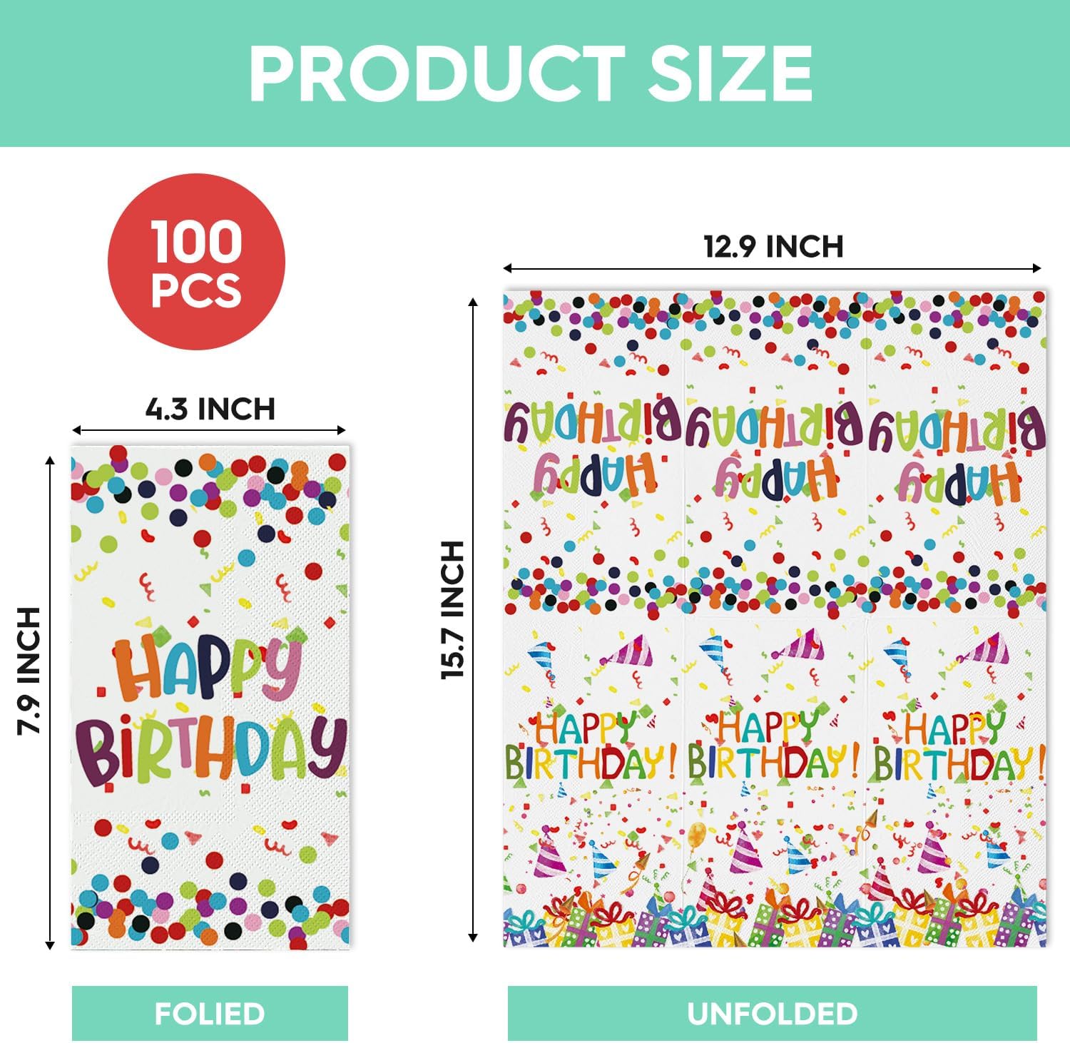 Horaldaily 100 Birthday Disposable Paper Decorative Guest Napkins, Happy Birthday Dots Streamers Hand Towel for Party Lunch Dinner Kitchen Bathroom