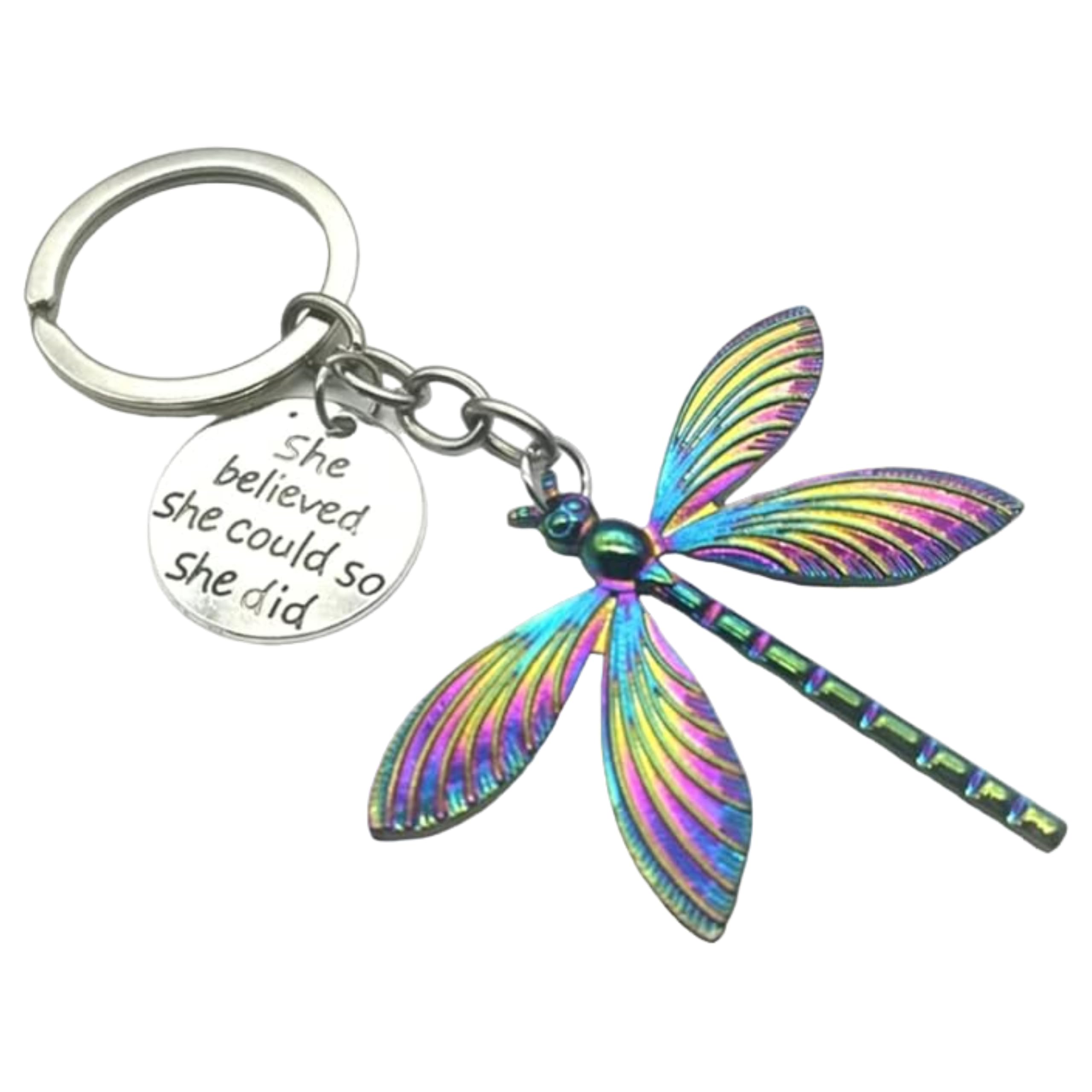 Colorful Dragonfly Keychain - Zinc Dragonfly Keychains with Phrase Plate - Insect and Dragonfly Lover Keychain - Keychain for Men Women Unisex, grey, XL