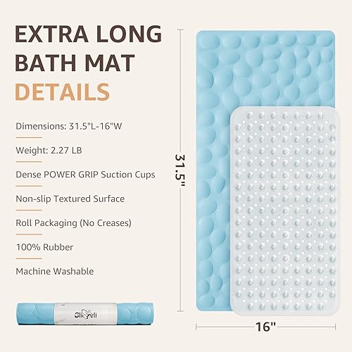 Miniatura 5 de Bligli Tapete de ducha para bañera, 16 x 31.5 pulgadas, estándar, antideslizante, con ventosas fuertes, tapete de goma suave, antideslizante,
