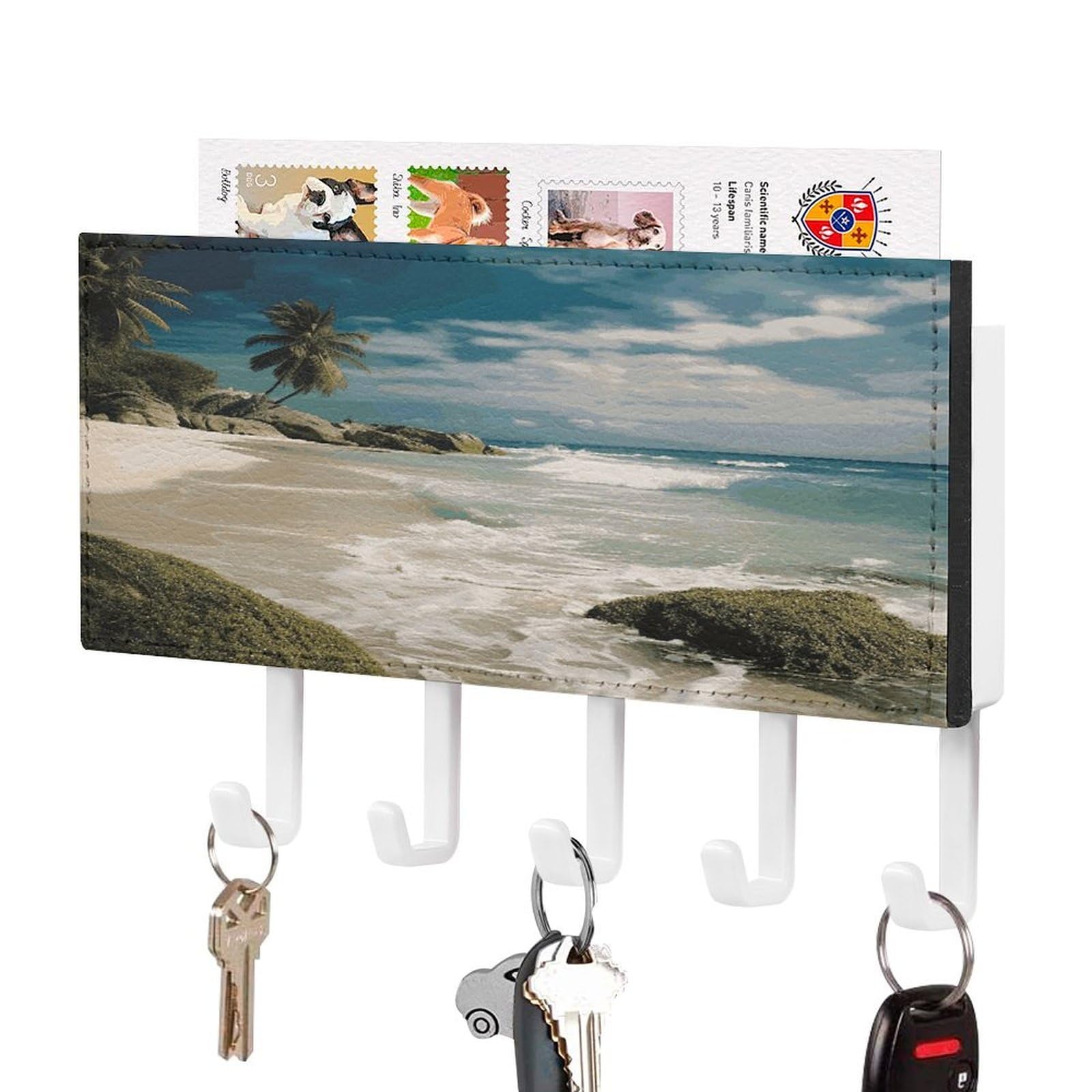 FekiLoot Beach Ocean Key Holder Wall Mount Key and Mail Holder Key Hanger with 5 Hooks Decorative PU Key Rack Hanging Key Hooks for Wall Living Room Kitchen Bathroom Hallway White-Style