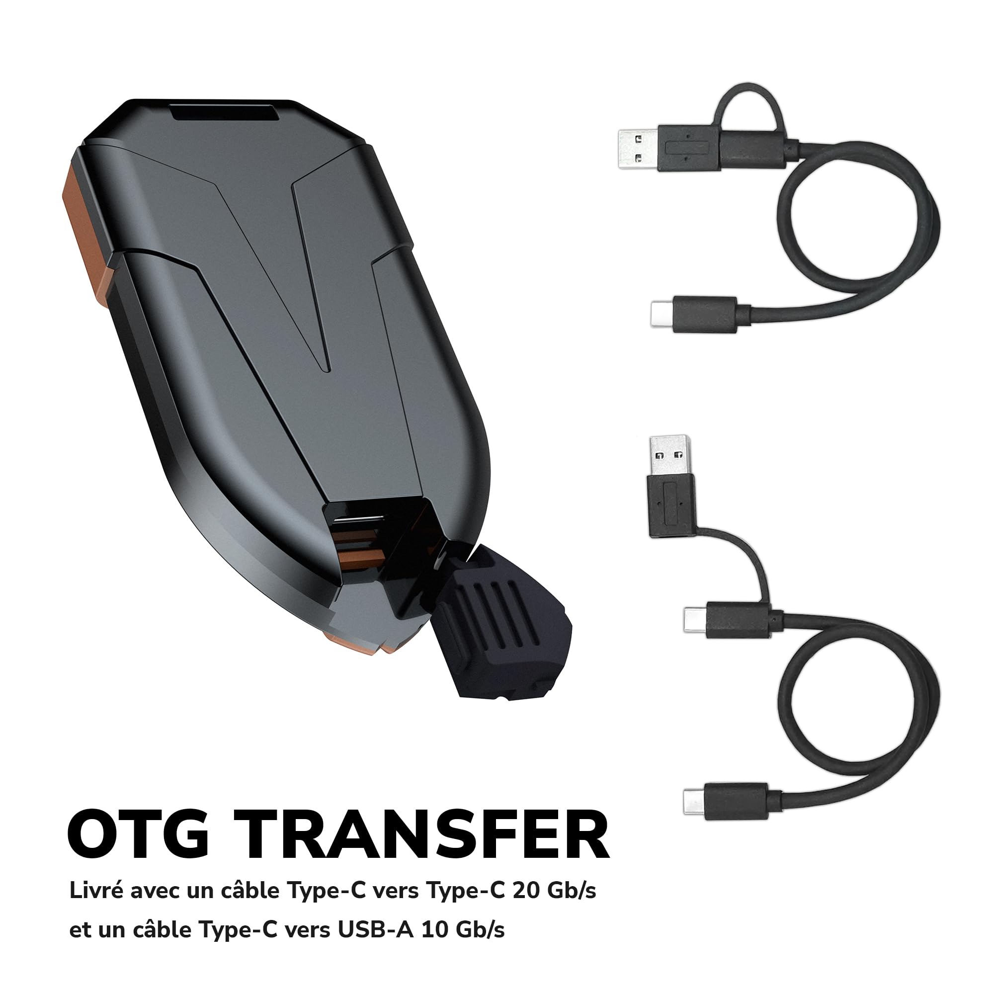 DATO SSD Externe 2 to, USB 3.2 Gen 2x2 Jusqu’à 1600/1500 Mo/s, Type C OTG Résistance à la poussière et à l'eau classée IP67, Compatible avec PS5 & Xbox - ARES Amber Shield Série