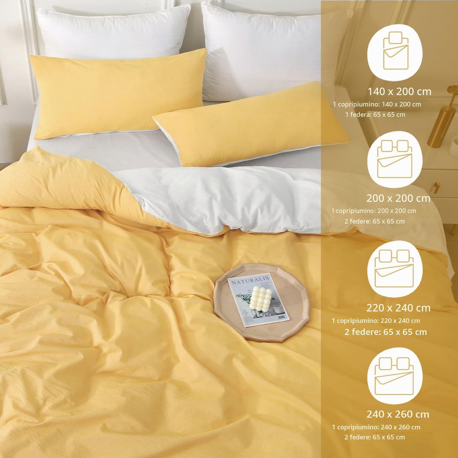 MILDLY Copripiumino 220 x 240 cm, 100% cotone lavato, certificato Oeko-TEX, set copripiumino giallo con chiusura lampo, biancheria da letto matrimoniale 220 x 240 cm, adulto con 2 federe 65 x 65 cm