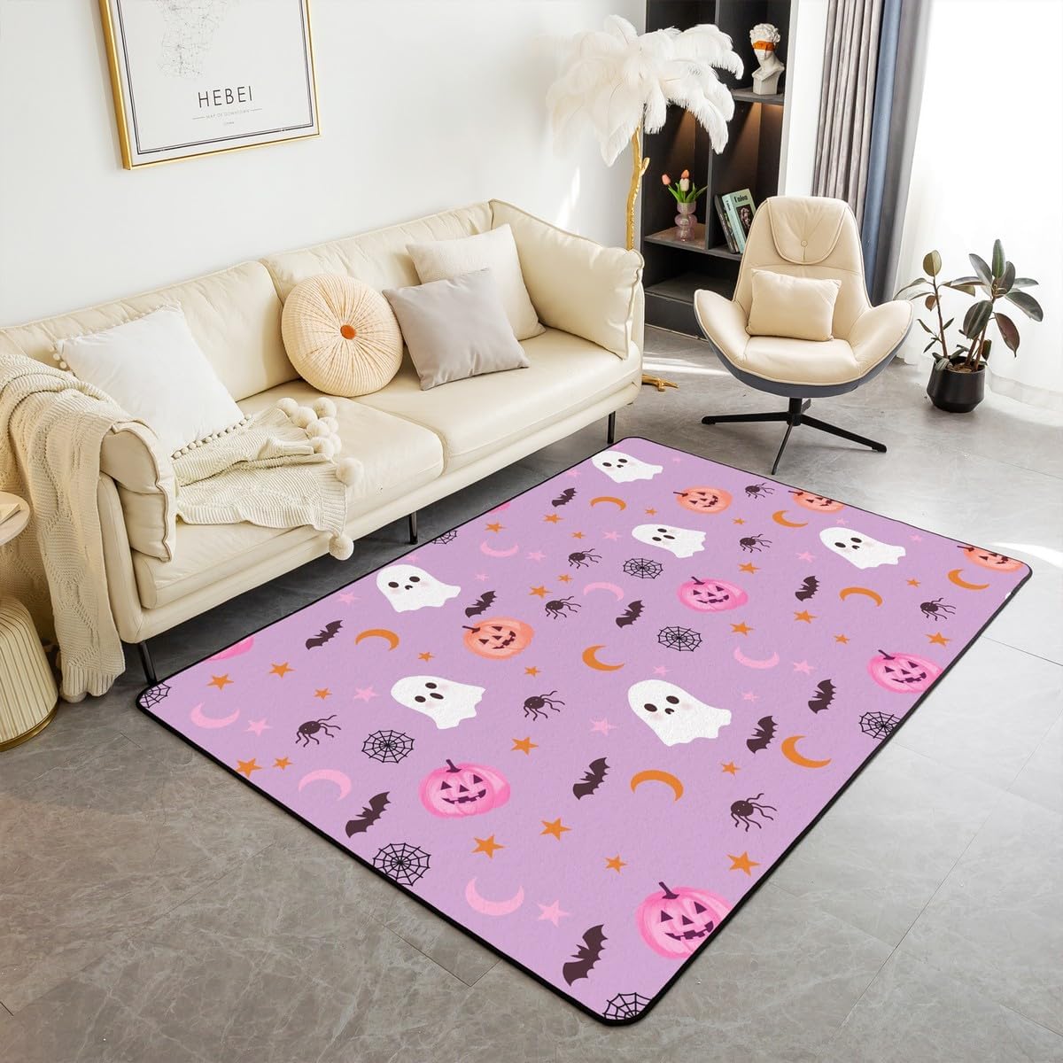Kids Cartoon Ghost Area Rug 100cm X 150cm X 1cm Cute Watercolor Pink Orange Pumpkin Non Slip Rug for Boys Girls Teens Spider Bat Decor Halloween Theme Non Shedding Rug for Housewarming