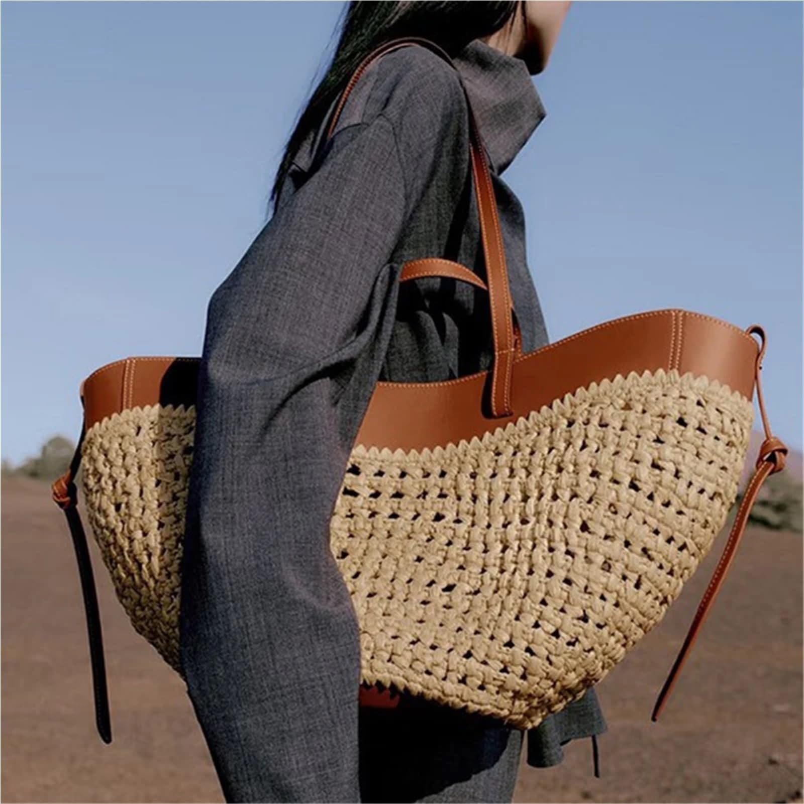 Generisch gewebte tasche Große Kapazität Stroh Tasche Mode Hohl Gewebt frauen Knödel Sommer Berufung Strand Schulter Handtasche