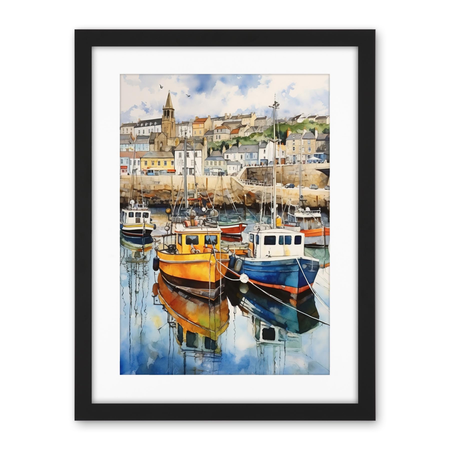 Artery8 Penzance Harbour Trawler Boats Promenade Watercolour Painting Cornwall Coastal Townscape Artwork Framed Wall Art Print 18X24 Inch