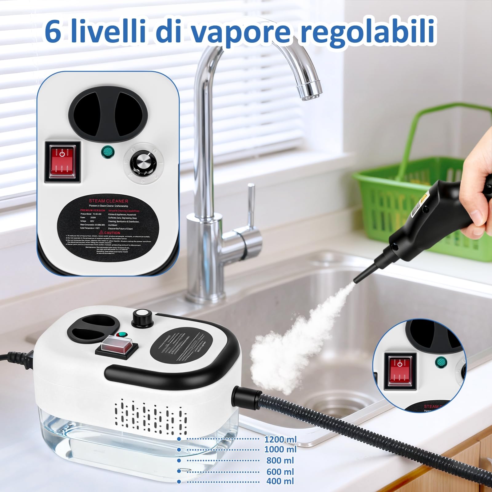Pulitore a Vapore Portatile 2500W 3.5Bar con Serbatoio 1200ml, 6 Livelli Regolabili, Riscaldamento Rapido 15s, Temperatura 105°C per la Pulizia Casa - Ideale per Pavimenti, Piastrelle, Divani e Auto
