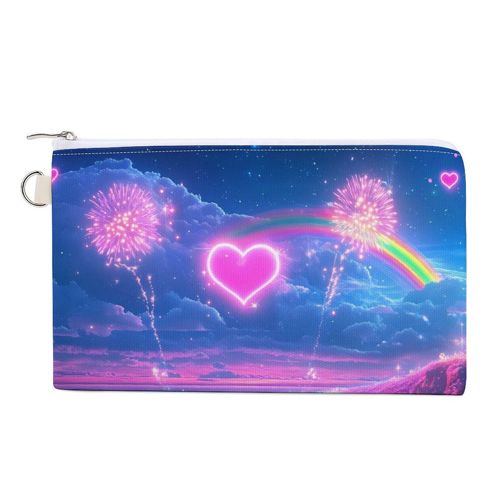 Rainbow 4th of July Fireworks Deer Coin Purse Canvas Change Pouch Portable Pocket Wallet Mini Storage Bag with Zippered Keychain