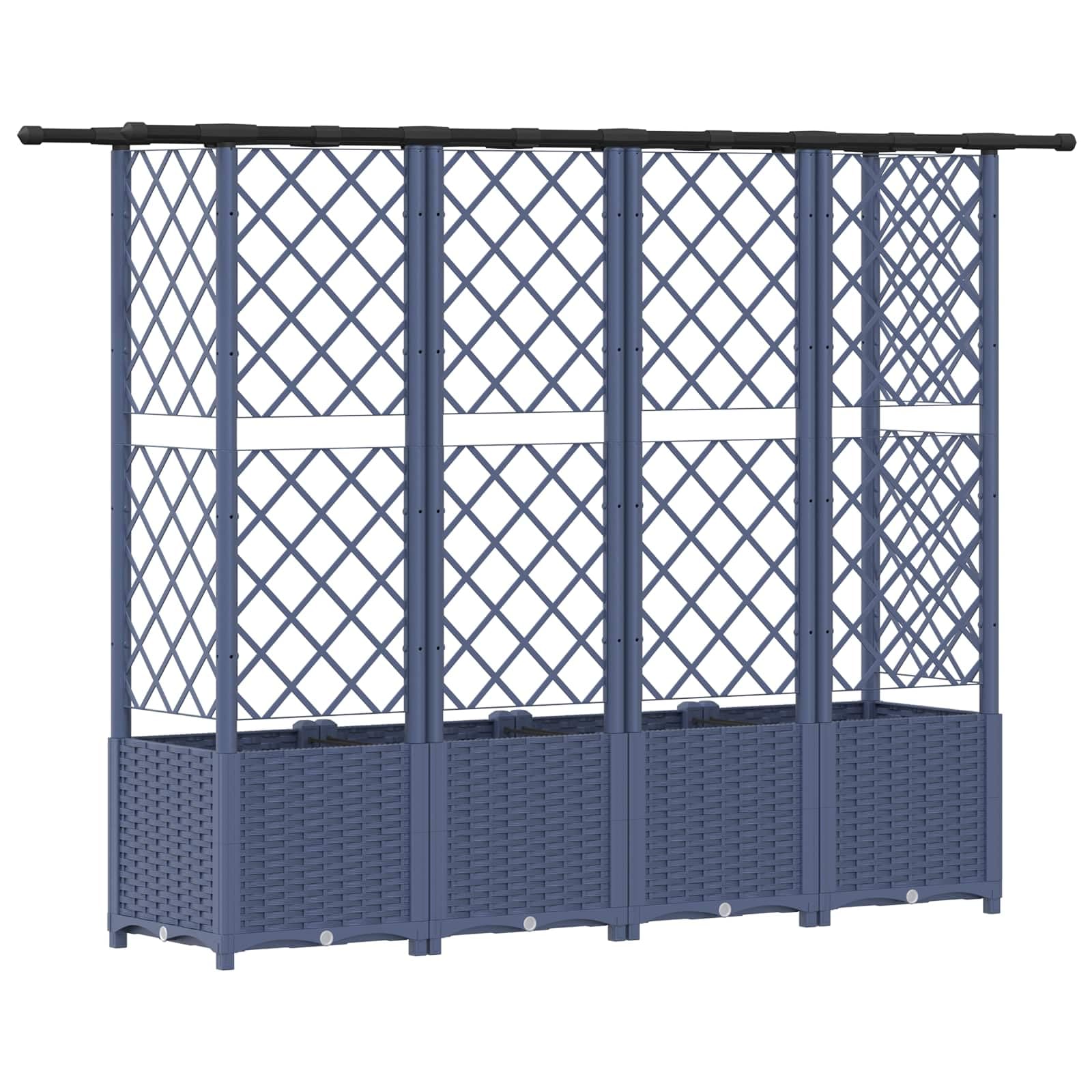 Szara podwyższona grządka z kratką dla roślin pnących i dachem z polipropylenu, donica na rośliny na balkon i taras, 202 x 40 x 136 cm, odporna na warunki atmosferyczne, ze zbiornikiem