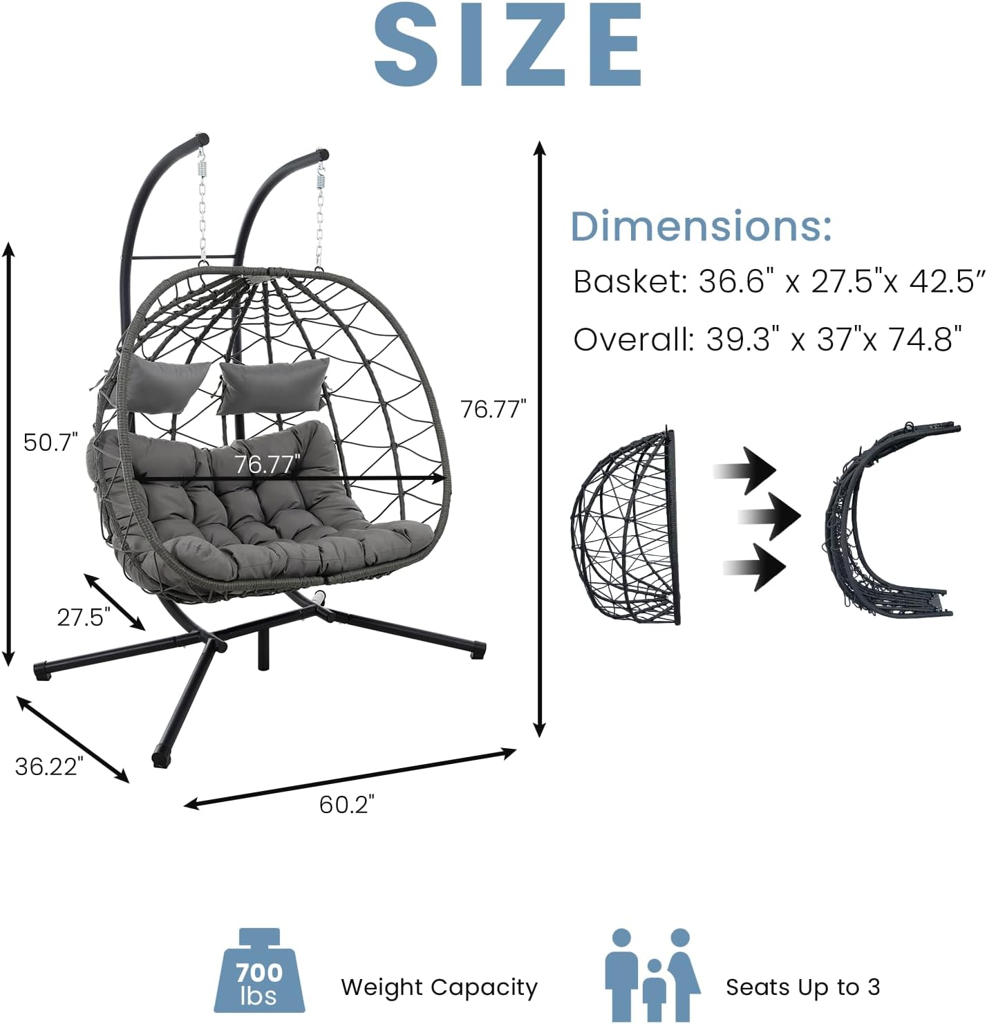 Hanging Double Egg Chair with Stand, 2 Person Comfy Patio Rattan Wicker Swing Hammock Chairs with Cushion, 700 LBS Capacity Egg Swing Chair for Indoor, Outdoor, Backyard, Balcony, Bedroom, Porch