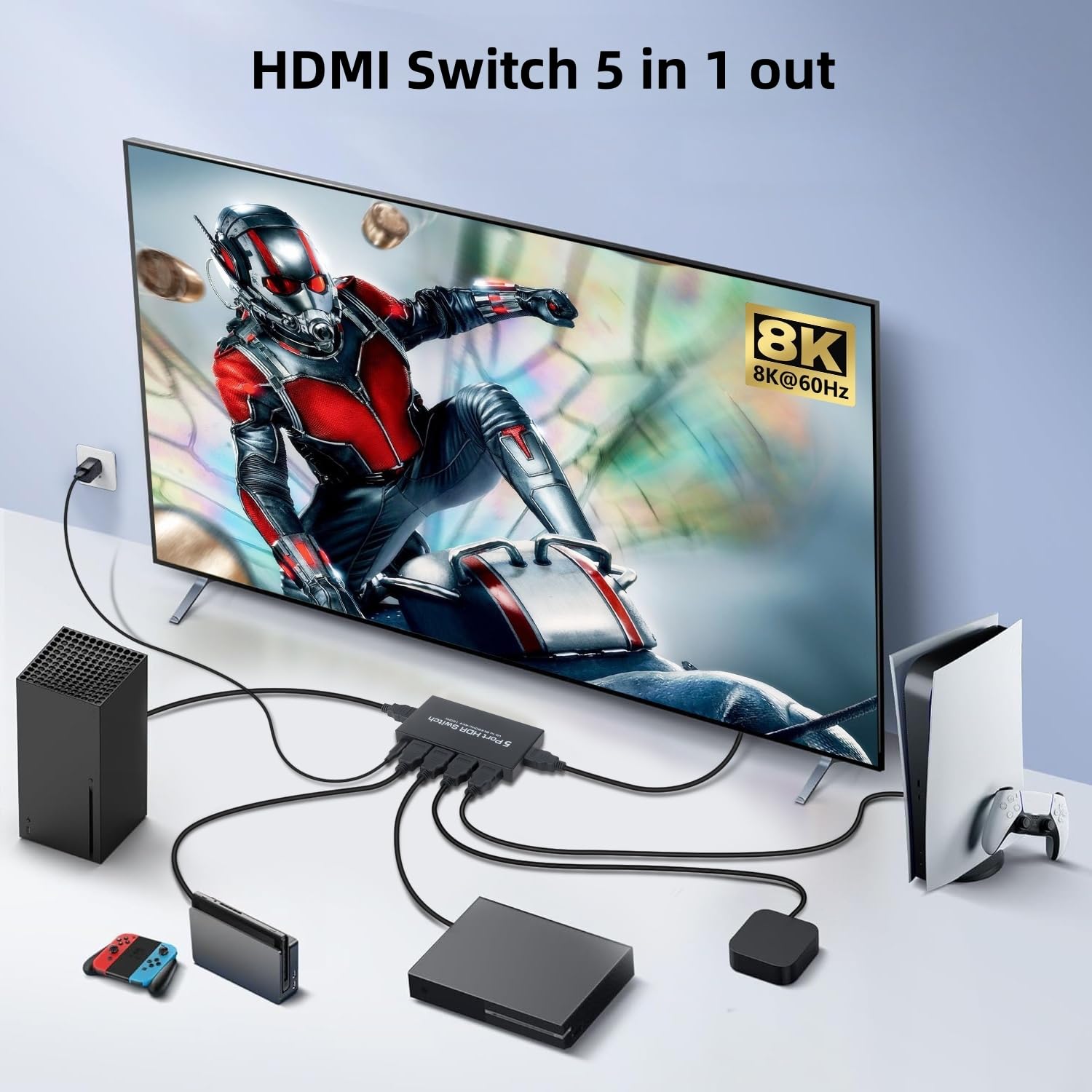 8K HDMI 2.1 Switch 5 in 1 Out, 8K @ 60Hz 4K @ 120Hz HDMI Switcher Selettore con supporto remoto 48Gbps HDR 10+ Dolby Vision/Atmos HDCP 2.3 CEC per PS5 4 Pro B0X TV Game PC Roku