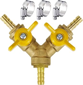 brass 1/4 inch O.D. barb three way shut off ball valve for hose air water pvc pex garden tubing line, tee switch splitter fitting